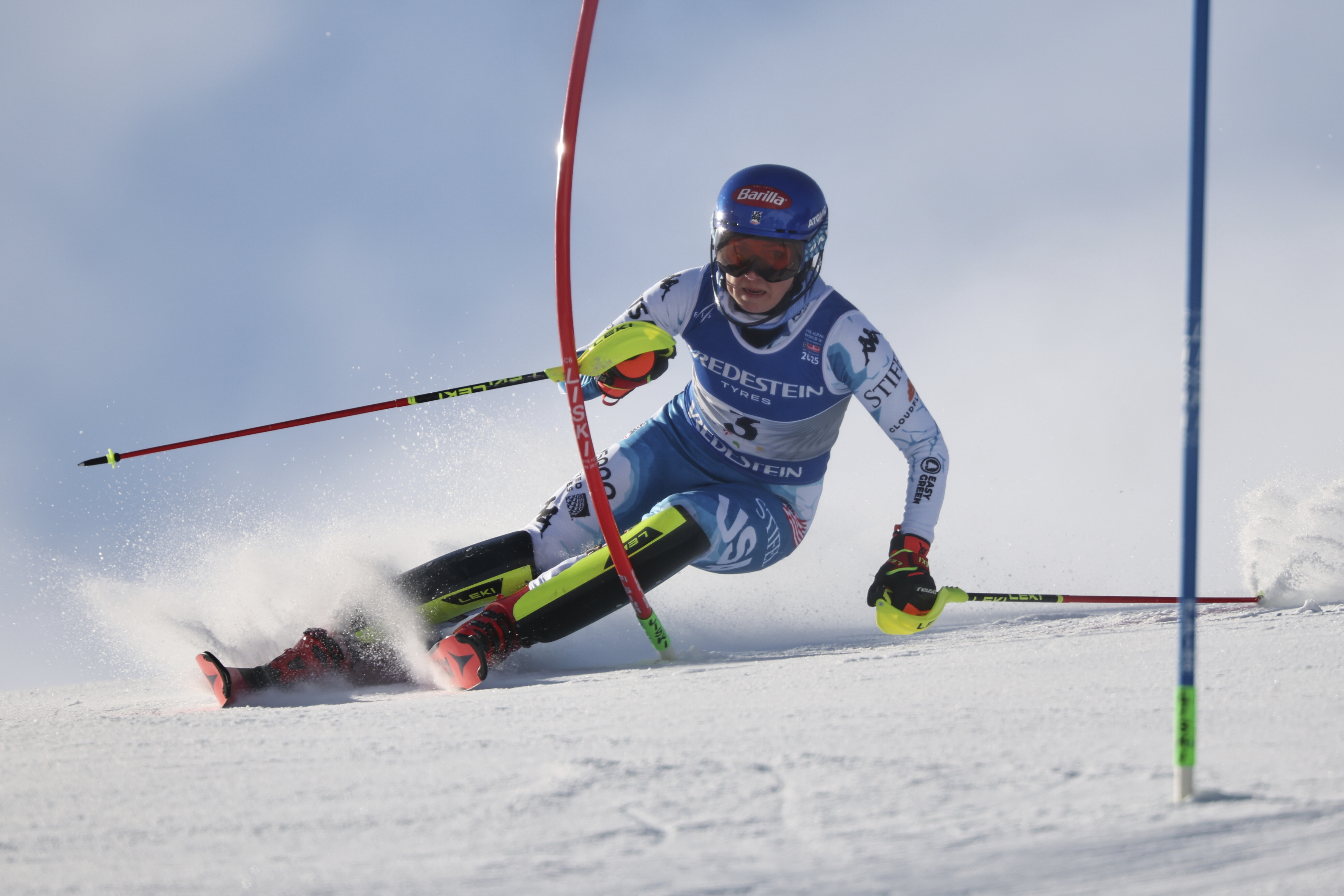 United States' Mikaela Shiffrin competes in a women's slalom, at the Alpine Ski World Championships, in Saalbach-Hinterglemm, Austria, Saturday, Feb. 15, 2025. 