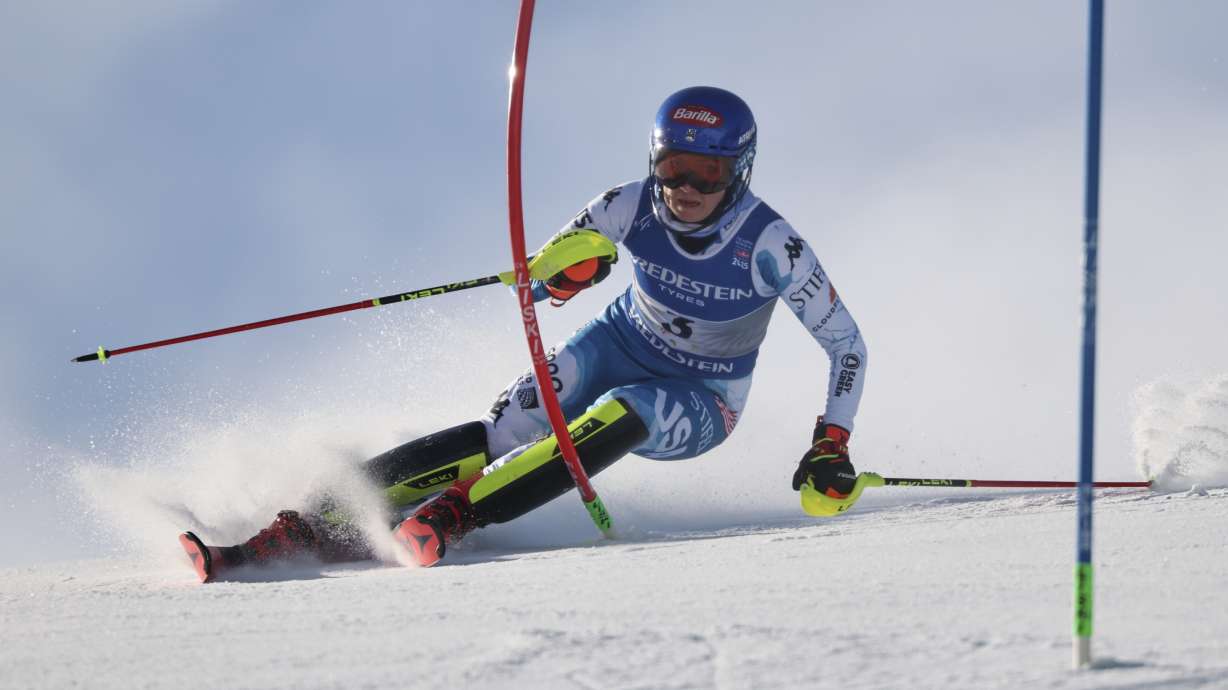 United States' Mikaela Shiffrin competes in a women's slalom, at the Alpine Ski World Championships, in Saalbach-Hinterglemm, Austria, Saturday, Feb. 15, 2025.