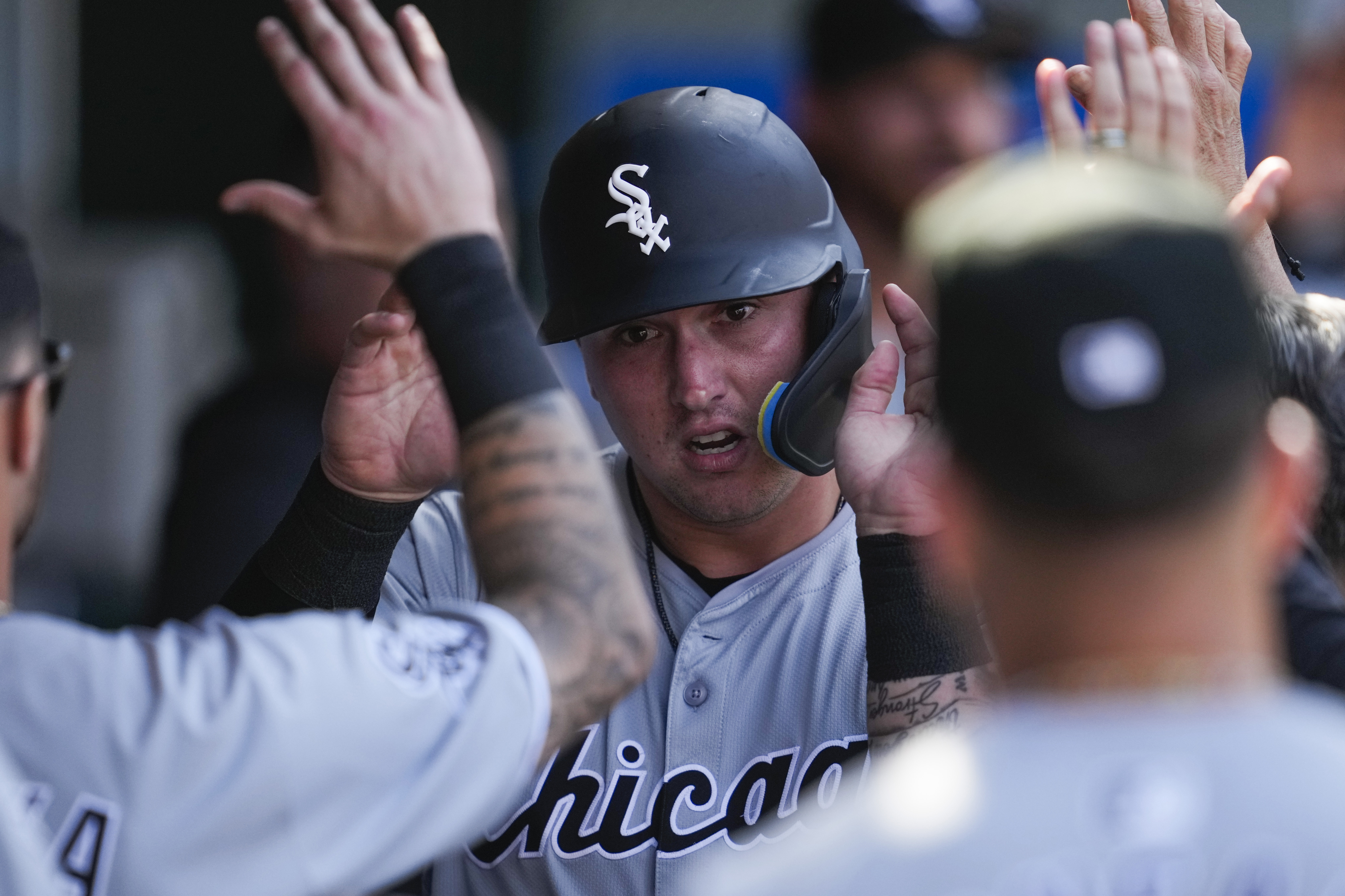 FILE - Chicago White Sox's Korey Lee celebrates in the dugout after scoring during the tenth inning of a baseball game against the Los Angeles Angels in Anaheim, Calif., Wednesday, Sept. 18, 2024.