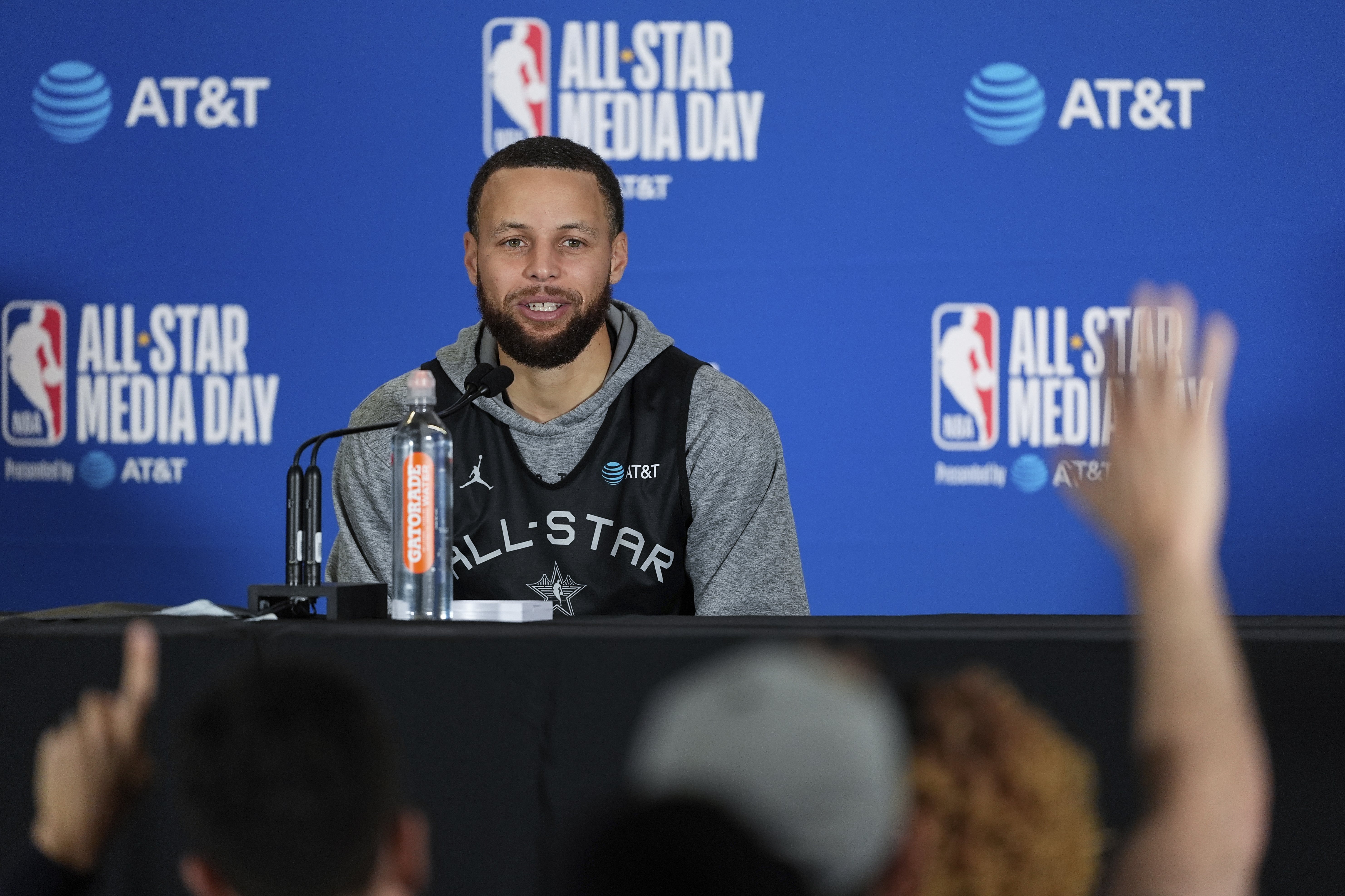 Stephen Curry, of the Golden State Warriors, speaks to media during the NBA All-Star game media day, Saturday, Feb. 15, 2025, in Oakland, Calif.