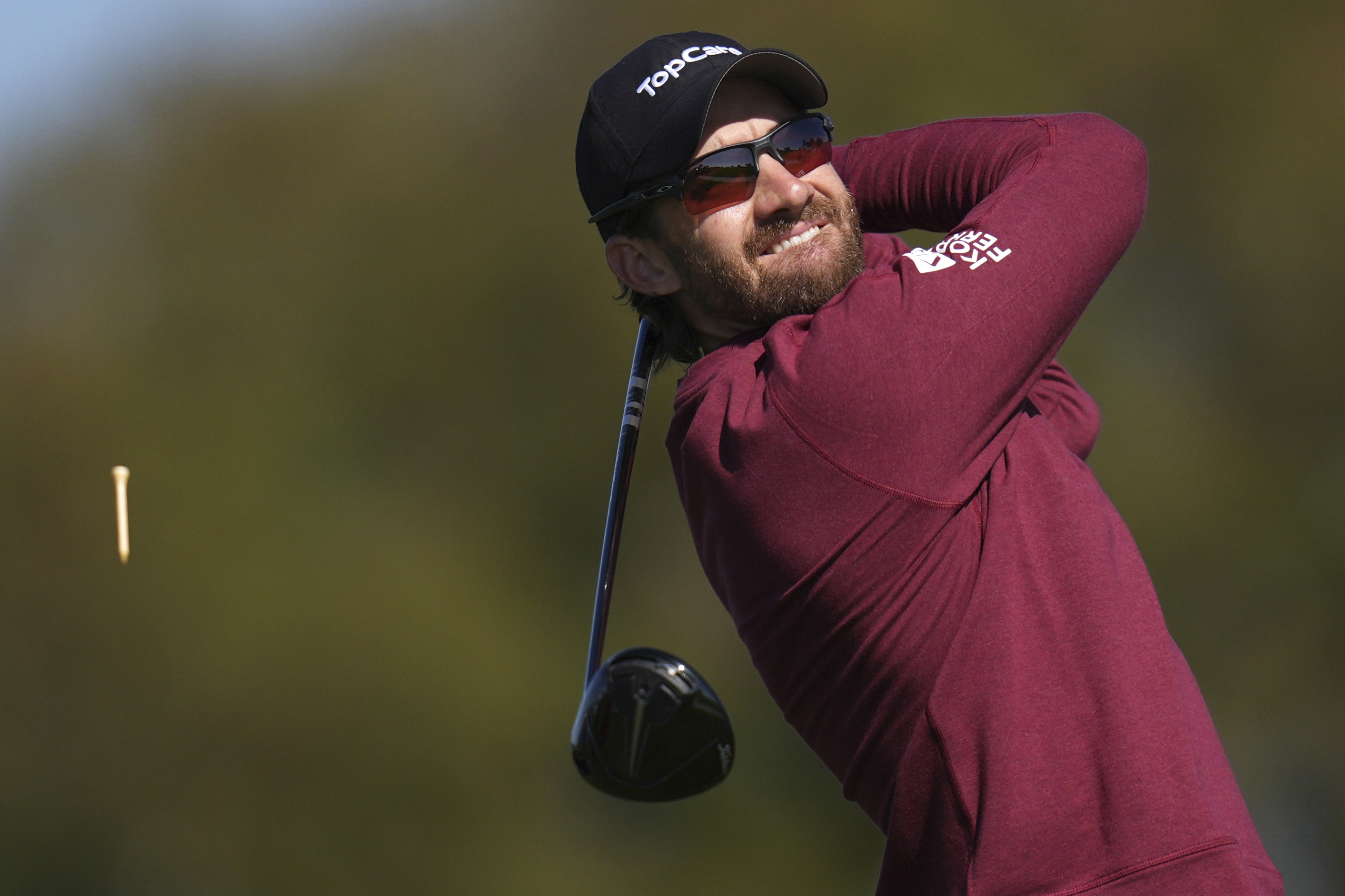 Patrick Rodgers hits on the second tee of the South Course at Torrey Pines during the third round of the Genesis Invitational golf tournament Saturday, Feb. 15, 2025, in San Diego.