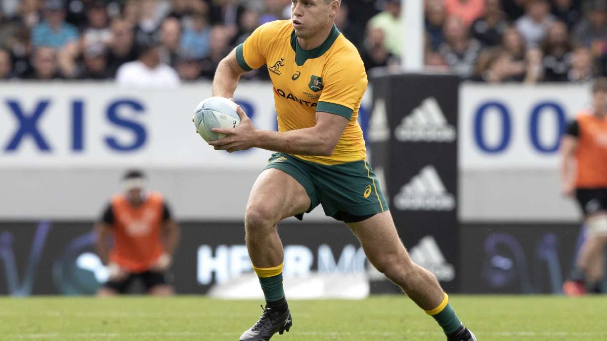Australia's James O'Connor runs during the second Bledisloe Rugby test between the All Blacks and the Wallabies at Eden Park in Auckland, New Zealand, Sunday, Oct. 18, 2020.
