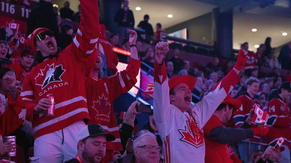 Fans cheer as Canada warms up prior to the first period 4 Nations Face-Off hockey game against the United States in Montreal on Saturday, Feb. 15, 2025.