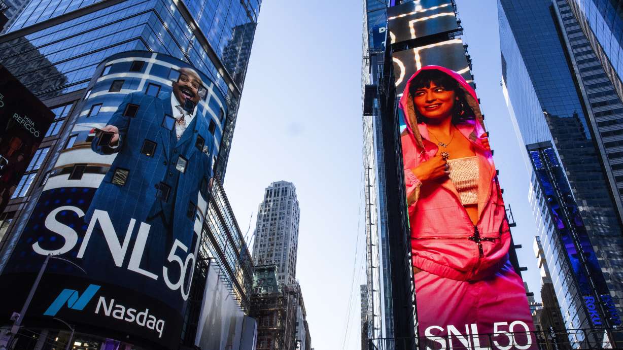 The SNL50 logo is seen outside the Nasdaq Marketplace in New York's Times Square, Friday. The 50th anniversary celebration of "Saturday Night Live" took place in New York on Sunday.