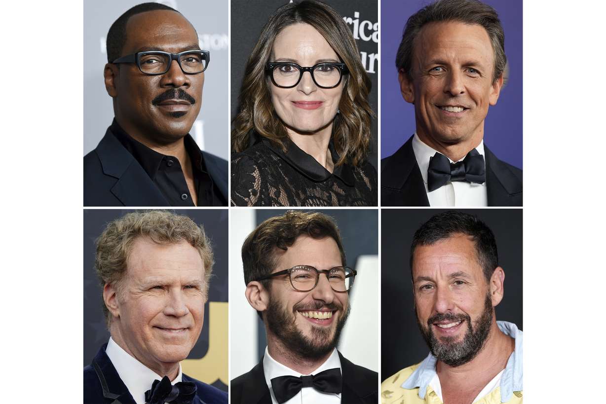 This combination of photos shows, top row from left, Eddie Murphy, Tina Fey, Seth Meyers, bottom row from left, Will Ferrell, Andy Samberg, and Adam Sandler.
