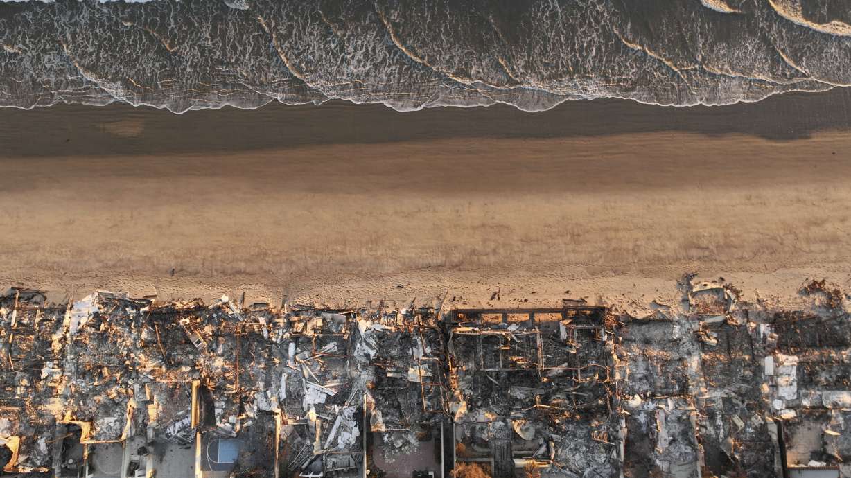 An aerial view shows the devastation by the Palisades Fire Jan. 16, in Malibu, Calif. Researchers are trying to understand how the fires on land have impacted the sea.