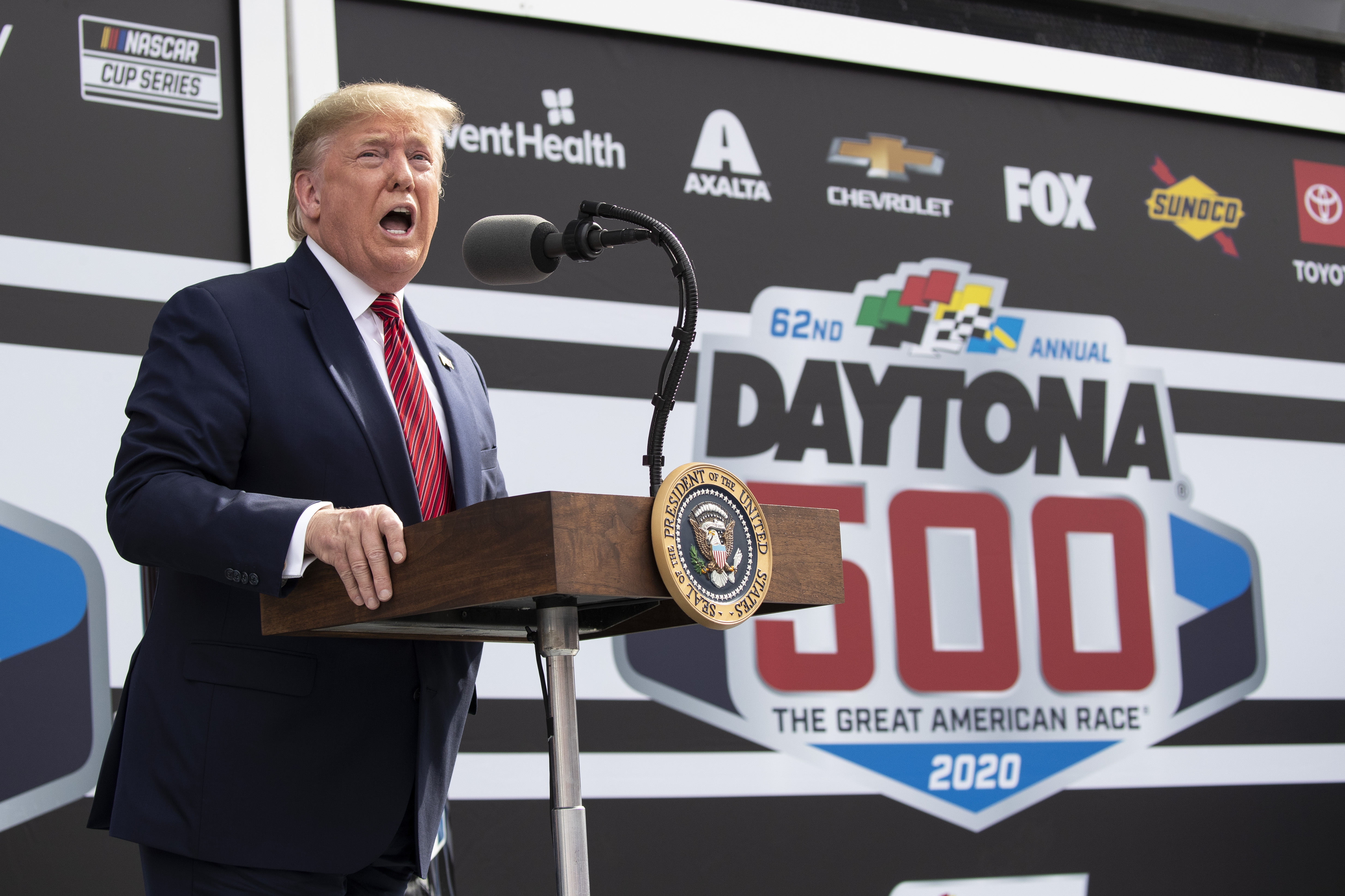 FILE - President Donald Trump speaks before the start of the NASCAR Daytona 500 auto race at Daytona International Speedway in Daytona Beach, Fla., Feb. 16, 2020.
