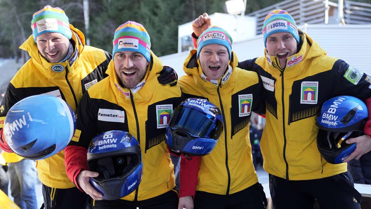 Francesco Friedrich, Matthias Sommer, Alexander Schueller and Felix Straub, of Germany, pose after winning the 4-man bobsleigh at the Bobsleigh World Cup in Innsbruck, Austria, Sunday, Jan. 19, 2025.