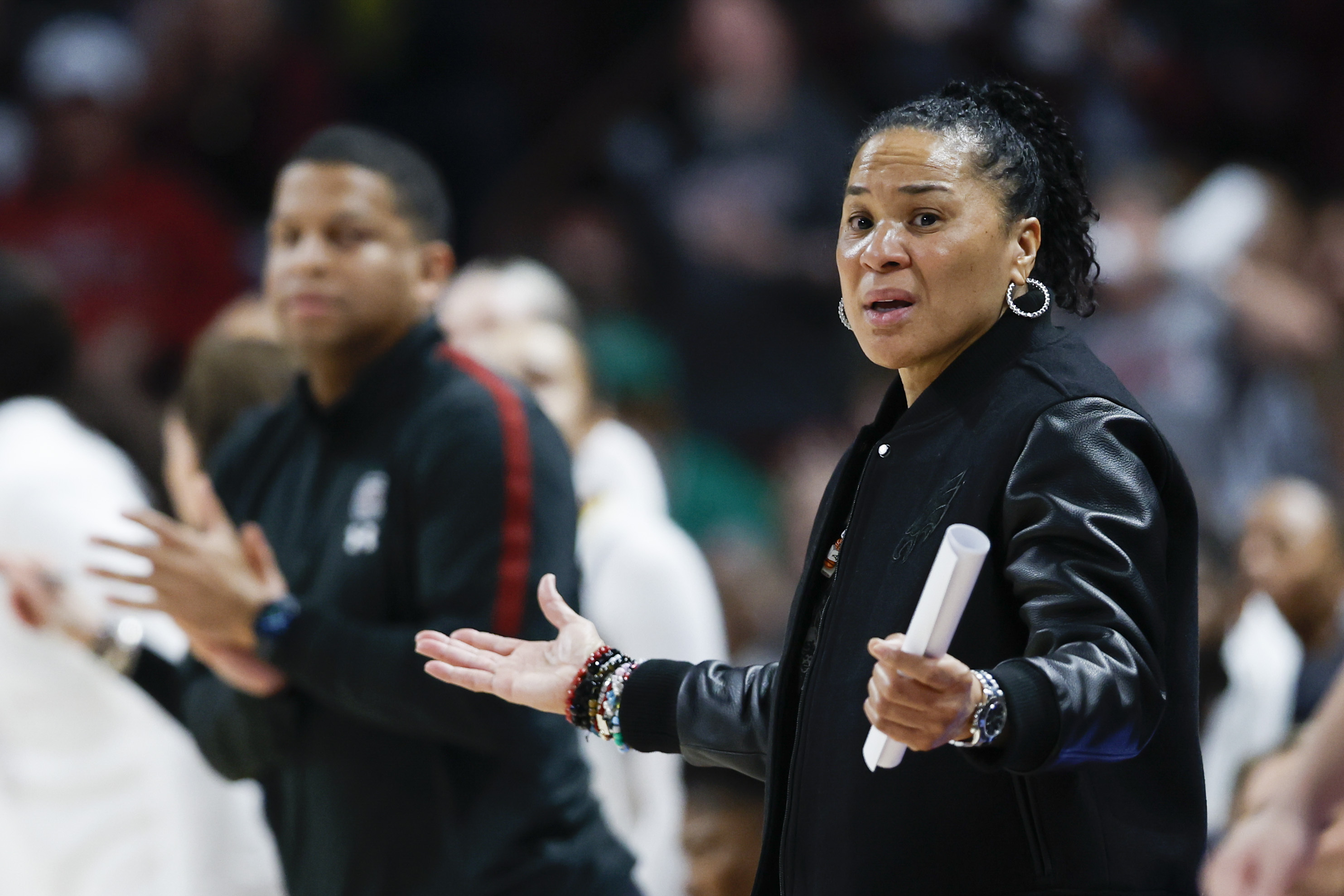 South Carolina head coach Dawn Staley reacts as her team plays against UConn during the first half of an NCAA college basketball game in Columbia, S.C., Sunday, Feb. 16, 2025. 