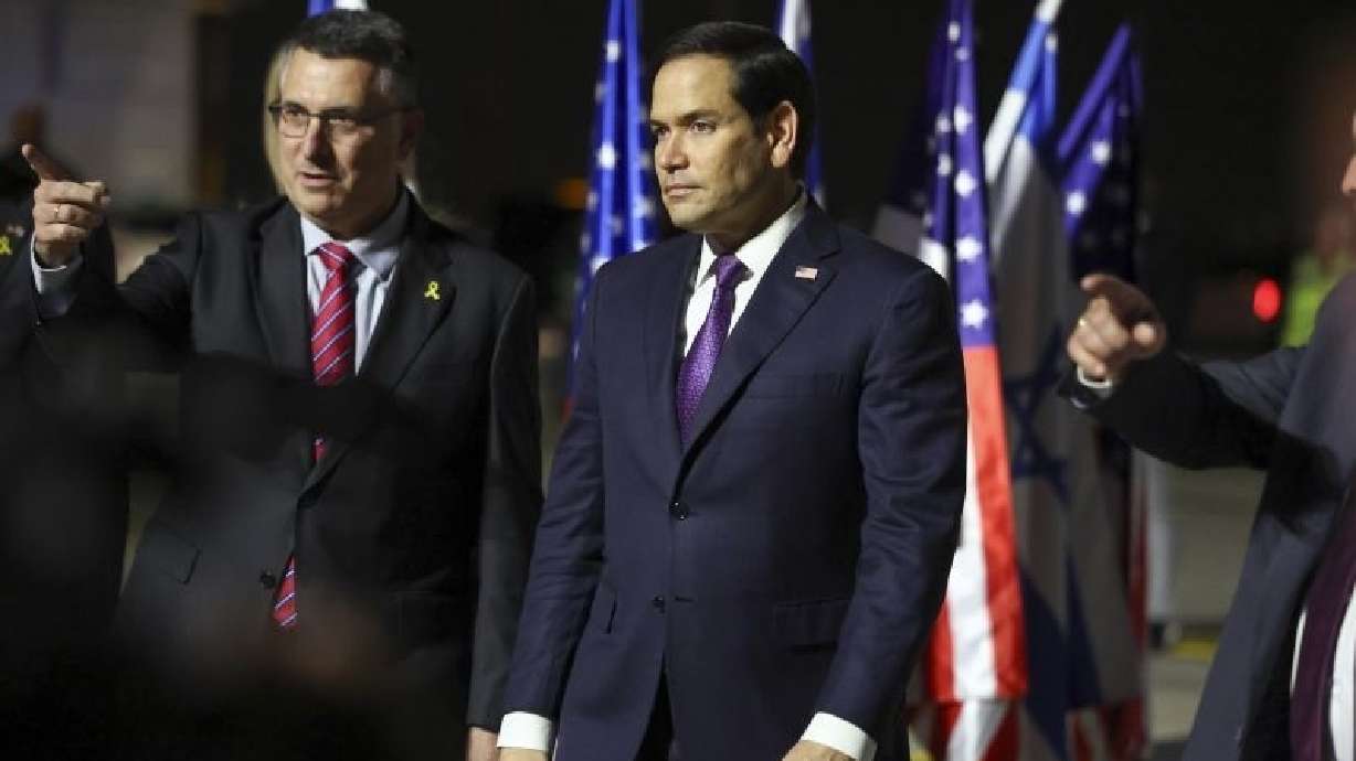 Israel's Foreign Minister Gideon Sa'ar welcomes U.S. Secretary of State Marco Rubio as he arrives in Israel, on the first leg of his Middle East trip, in Tel Aviv, Israel, Saturday.
