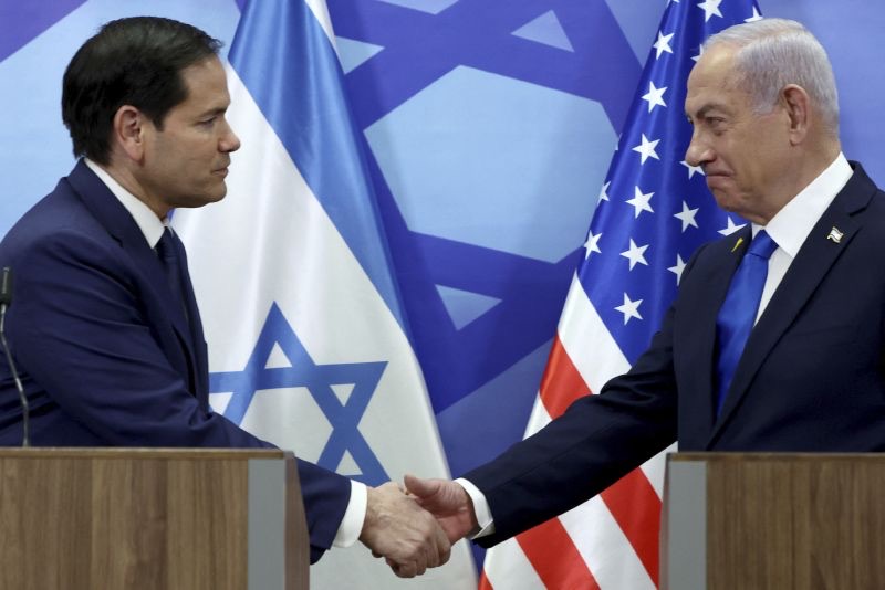 Secretary of State Marco Rubio, left, and Israeli Prime Minister Benjamin Netanyahu shake hands during a news conference at the Prime Minister's office in Jerusalem, Israel, Sunday.