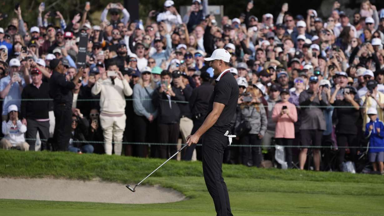 Ludvig Ã…berg, of Sweden, celebrates after making a birdie putt on the 18th green of the South Course at Torrey Pines during the final round of the Genesis Invitational golf tournament Sunday, Feb. 16, 2025, in San Diego.