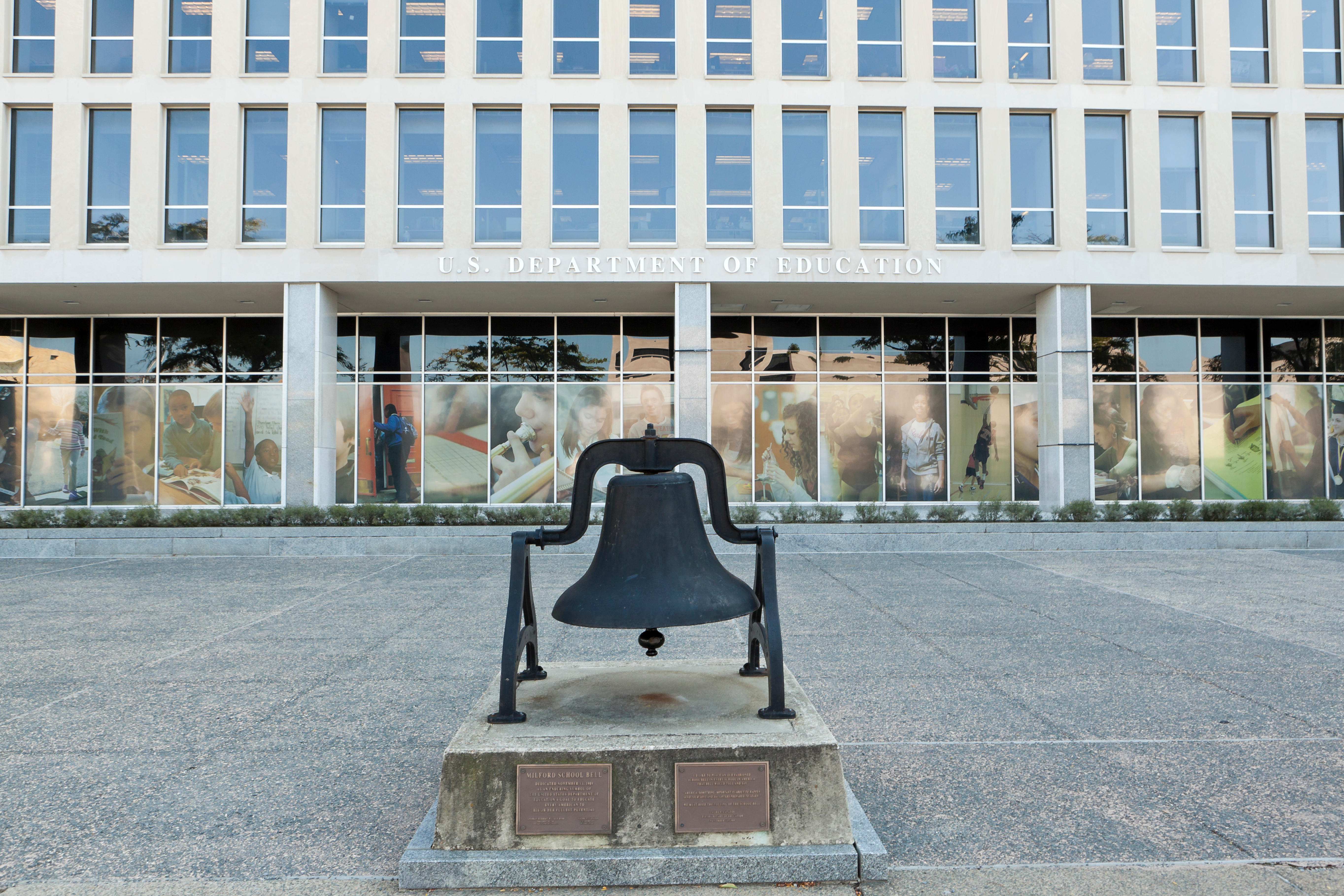 The Milford School Bell memorial is seen in front of the U.S. Department of Education building in Washington in an undated photo. The Department of Education sent a "Dear Colleague" letter Friday threatening the federal funding.