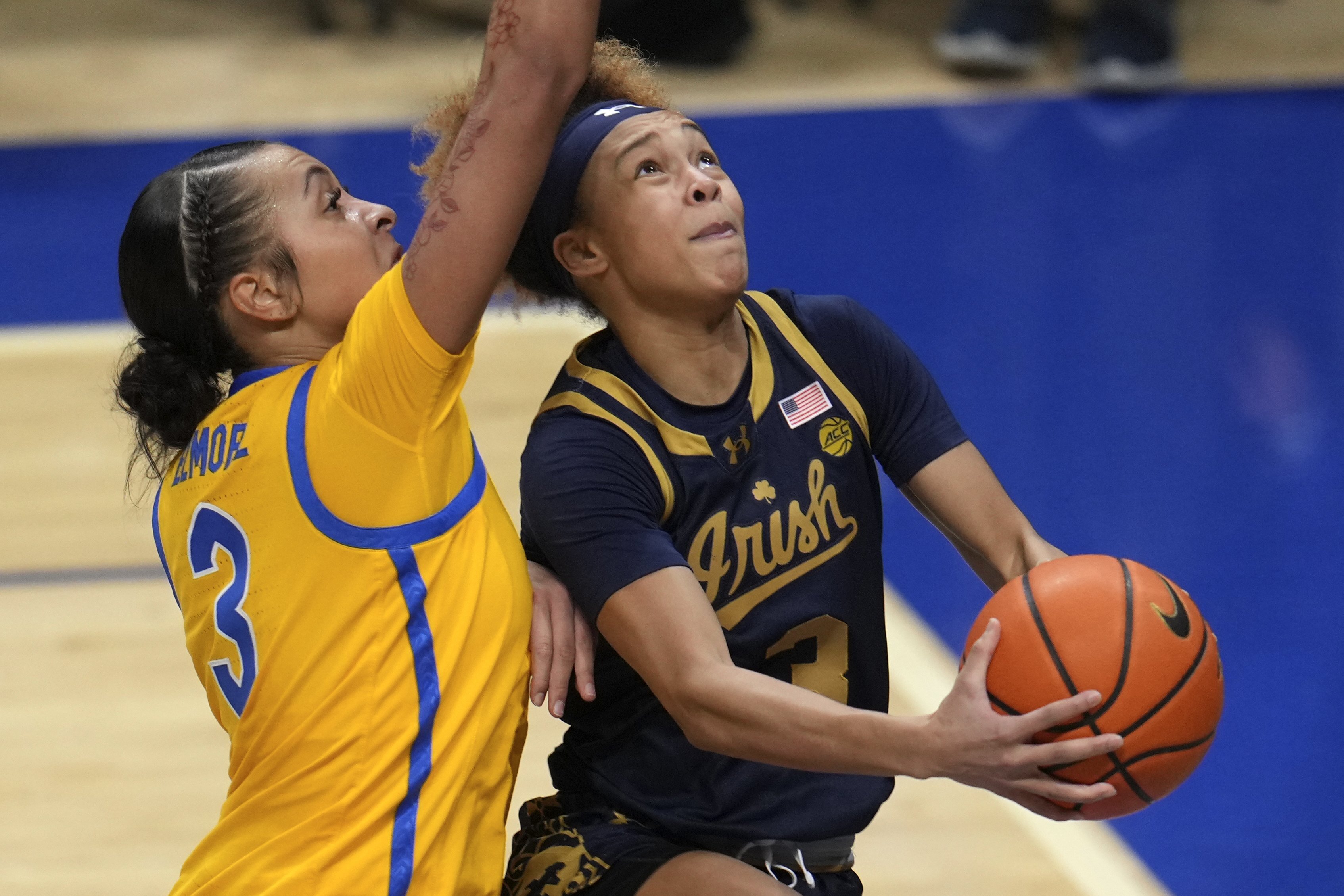 Notre Dame's Hannah Hidalgo, right, is fouled by Pittsburgh's MaKayla Elmore during the first half of the an NCAA college basketball game in Pittsburgh, Thursday, Feb. 13, 2025.