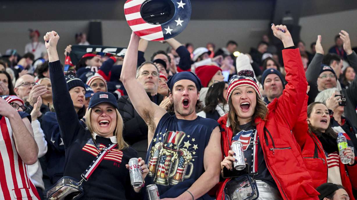 Team United States fans cheer after their team defeated Canada in a 4 Nations Face-Off hockey game in Montreal, Saturday, Feb. 15, 2025.