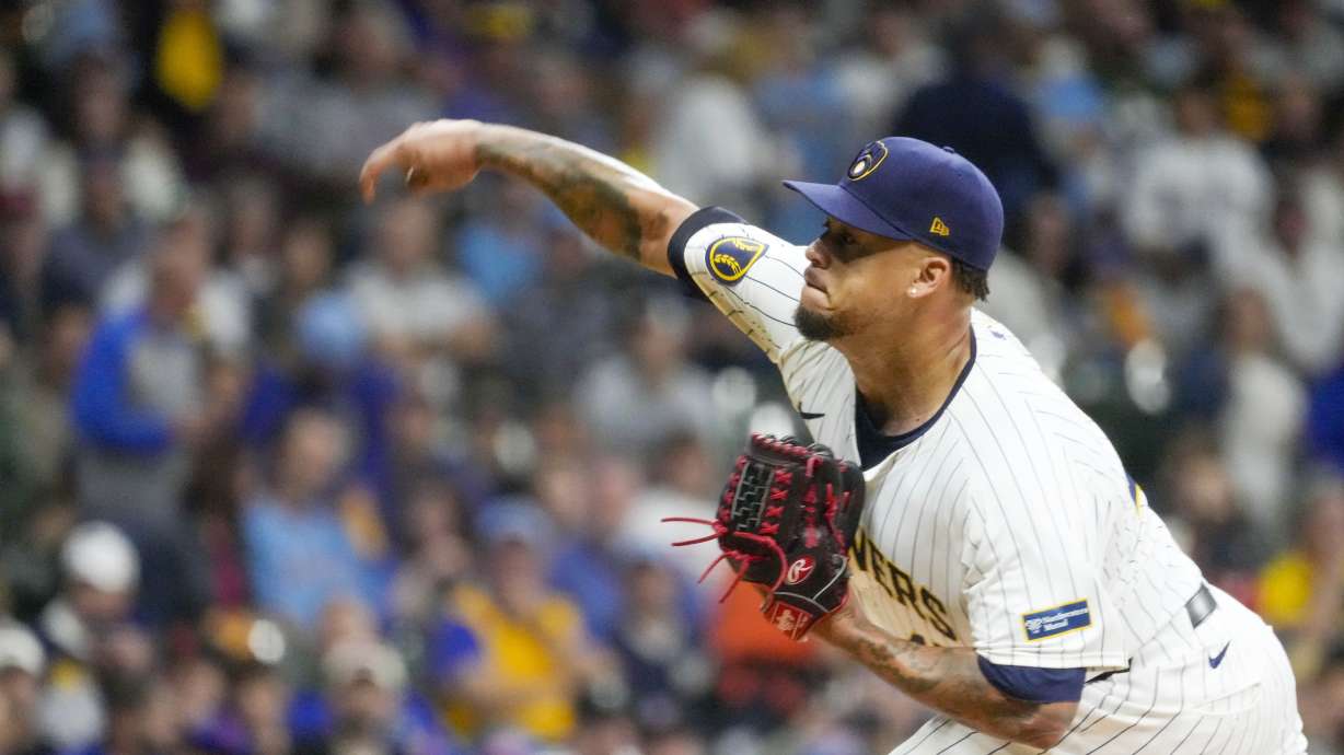 FILE - Milwaukee Brewers pitcher Frankie Montas throws during the first inning of Game 2 of a National League wild card baseball game against the New York Mets, Oct. 2, 2024, in Milwaukee.