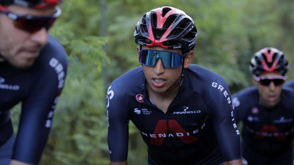 FILE -Colombia's Egan Bernal rides during a training session outside Nice, southern France, ahead of upcoming Saturday's start of the race, Aug. 27, 2020. , File)