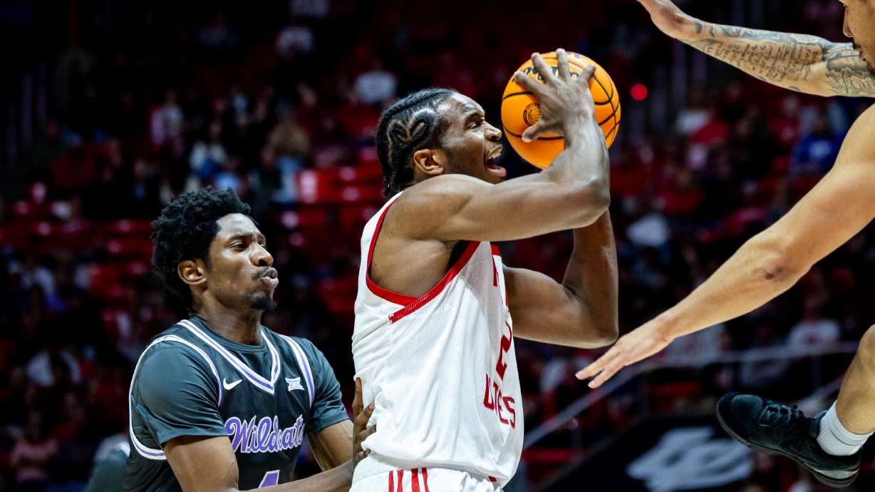Utah Utes forward Ezra Ausar (2) goes up for a shot during a basketball game against the Kansas State Wildcats at Jon M. Huntsman Center in Salt Lake City on Monday, Feb. 17, 2025.
