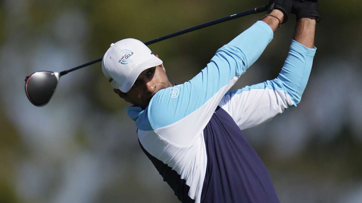 Aaron Rai, of England, hits on the second tee of the South Course at Torrey Pines during the third round of the Genesis Invitational golf tournament Saturday, Feb. 15, 2025, in San Diego.
