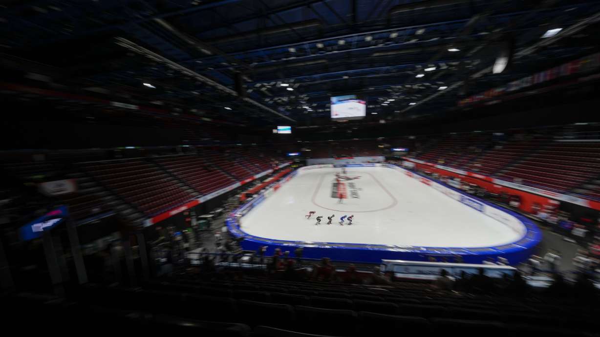 Athletes compete during the Women's 1500 mt. quarterfinal race of the ISU Short Track World Tour, Olympics Milano-Cortina 2026 test event, in Milan, Italy, Friday, Feb. 14, 2025.