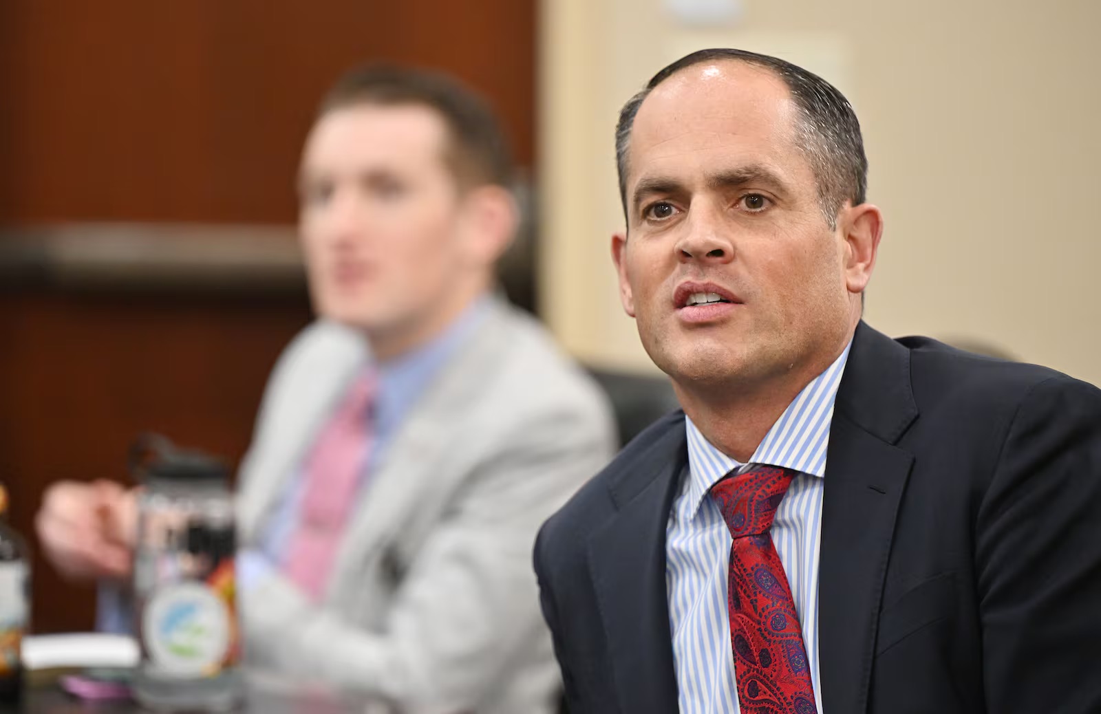 Sen. Mike McKell, R-Spanish Fork, sits down in the Senate Government Operations and Political Subdivisions Committee before they had discussion on HB69 Government Records and Information Amendments in the Senate building at the Capitol in Salt Lake City on Feb. 3. McKell left the room just prior to the discussion.