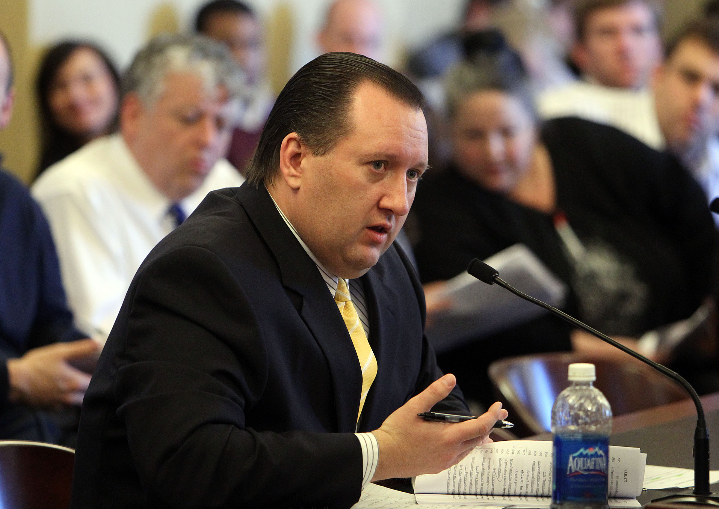 Rep. John Dougall, bill sponsor, discusses HB477, which addresses GRAMA rules, during a Senate committee meeting at the Utah Capitol in Salt Lake City, March 4, 2011.