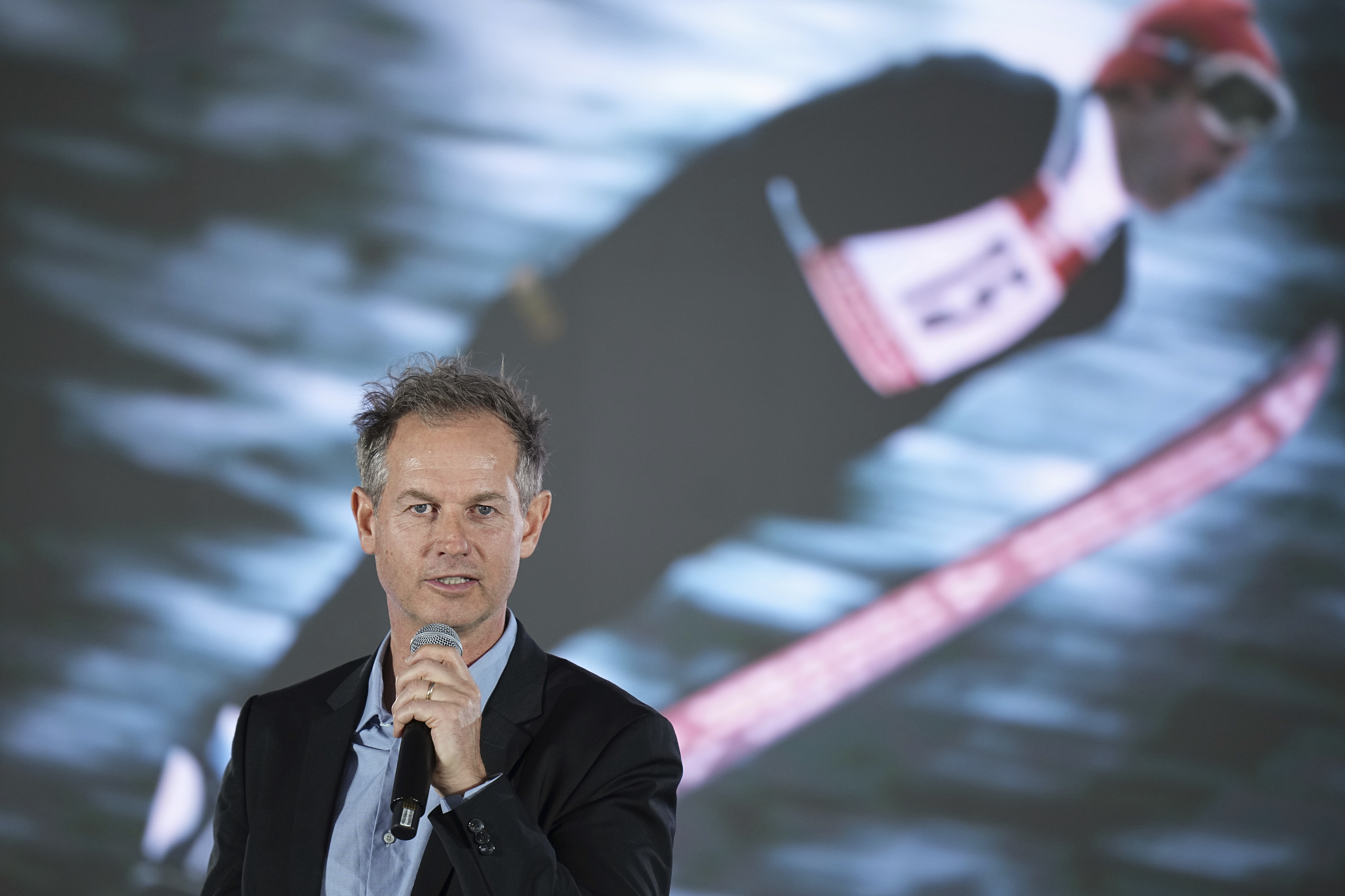 Head of 2030 Olympic Winter Games, Edgar Grospiron, delivers a speech during a press conference to launch the organizing committee for the 2030 Olympic and Paralympic Winter Games, in Decines, outside Lyon, France, Tuesday, Feb. 18, 2025.
