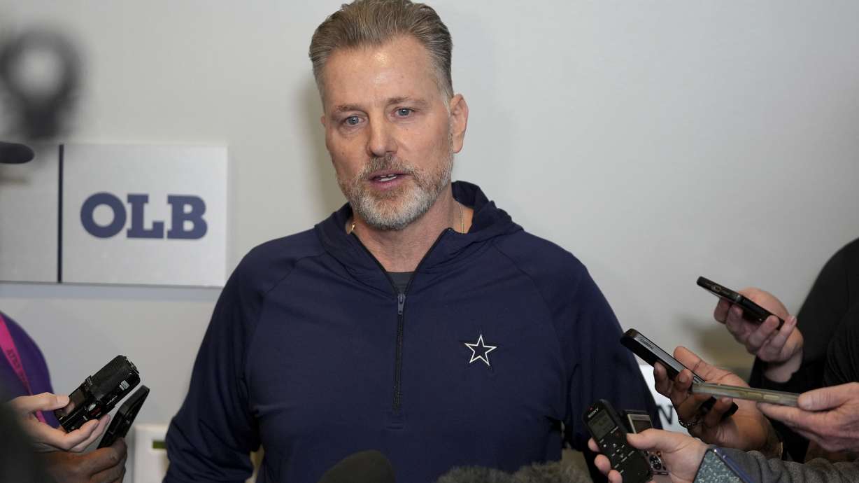 Dallas Cowboys defensive coordinator Matt Eberflus responds to questions during an NFL football news conference at the team's headquarters in Frisco, Texas, Tuesday, Feb. 18, 2025.