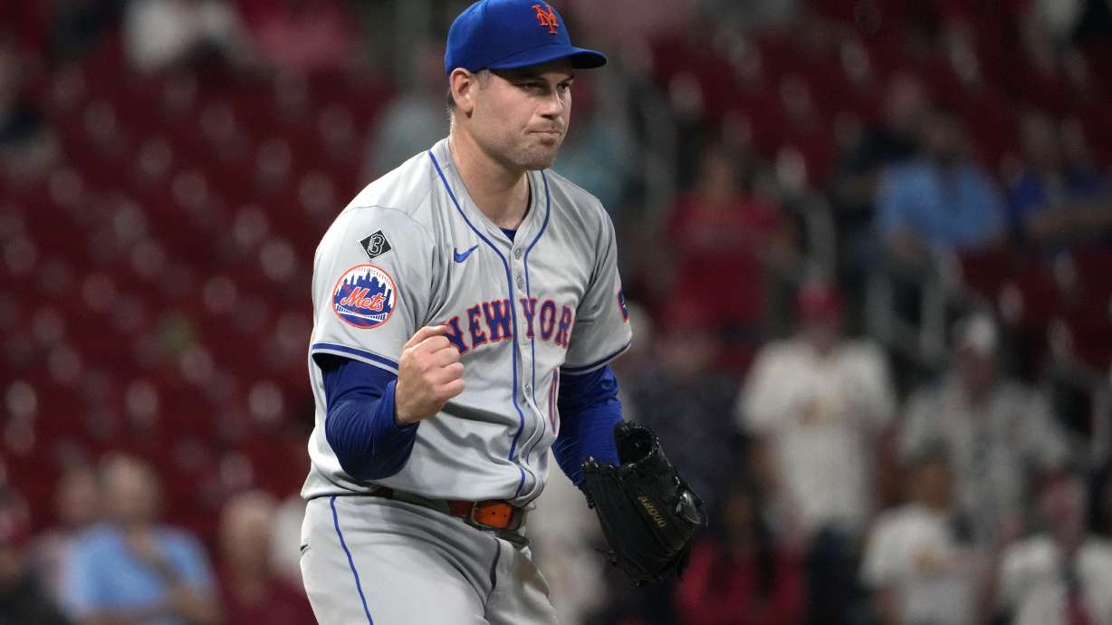 FILE - New York Mets relief pitcher Adam Ottavino celebrates after striking out St. Louis Cardinals' Alec Burleson to end a baseball game Tuesday, May 7, 2024, in St. Louis.
