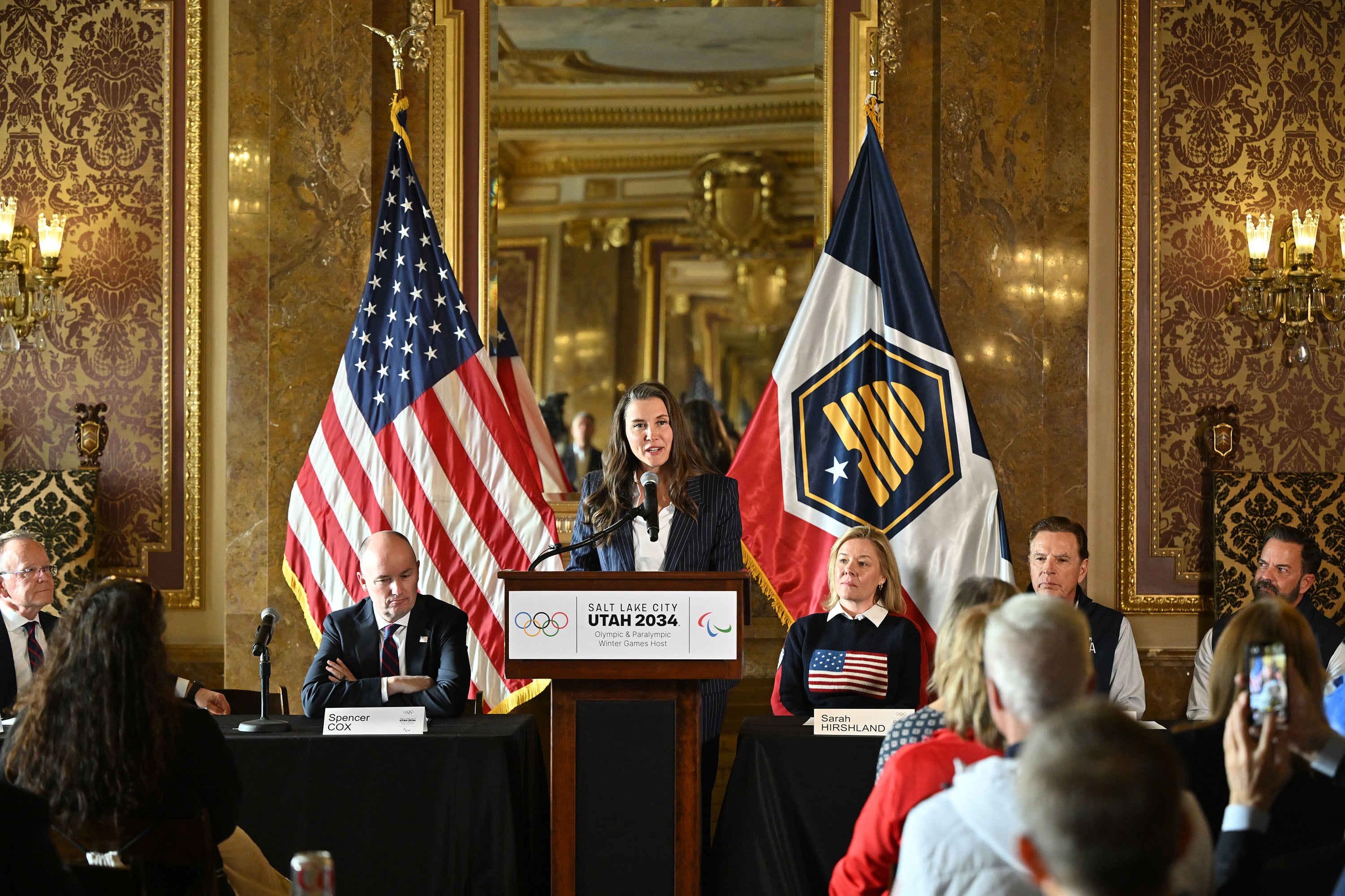 Salt Lake City Mayor Erin Mendenhall speaks at a news conference where former Utah House Speaker Brad Wilson was introduced as the person to run the day-to-day operations of the 2034 Winter Games, at the Capitol in Salt Lake City, Feb. 14.