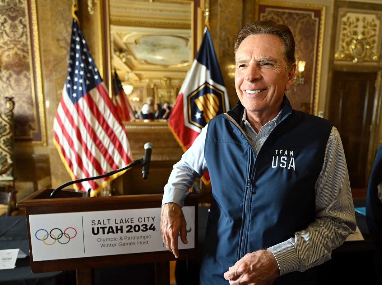 Fraser Bullock attends a press conference where it was announced that he would serve as executive chair and president of the board, involved in operations in addition to oversight, and former Utah House Speaker Brad Wilson would run the day-to-day operations of the 2034 Winter Games, in the Gold room of the Capitol in Salt Lake City, Feb. 14.