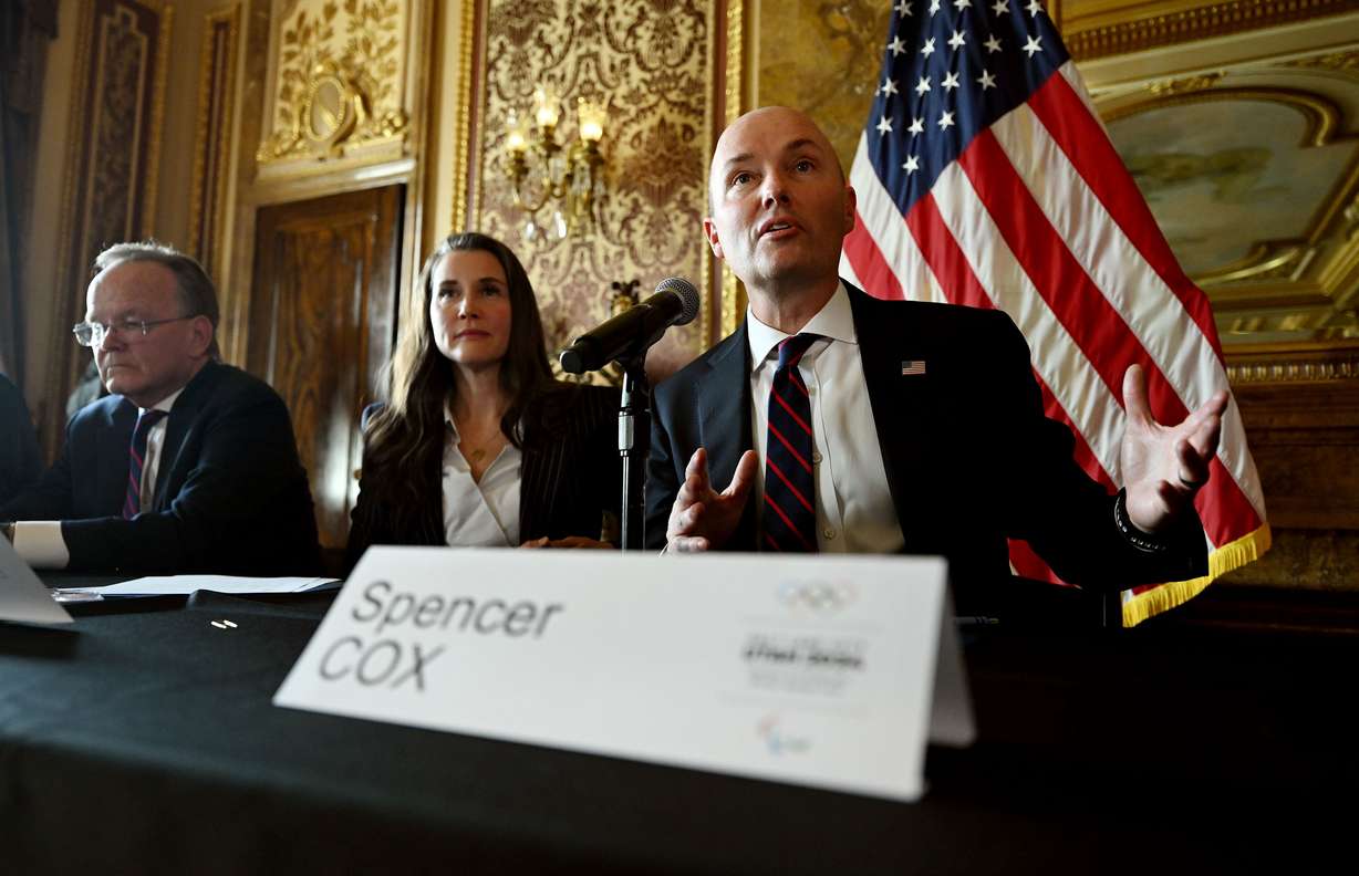 Gov. Spencer Cox is joined by former Utah House Speaker Brad Wilson, who was introduced as the person to run the day-to-day operations of the 2034 Winter Games, at a press conference in the Gold room of the Capitol in Salt Lake City, Feb. 14.
