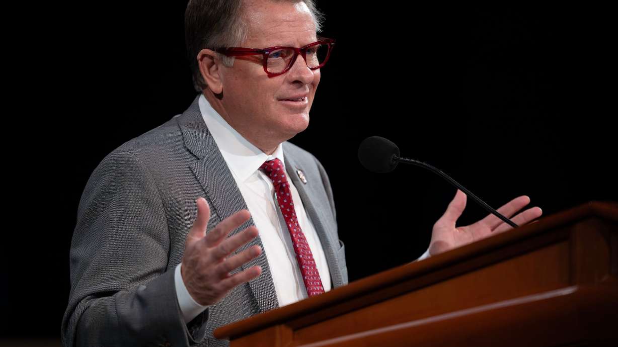 University of Utah President Taylor Randall speaks at the Ensign College weekly devotional at the Conference Center theatre in Salt Lake City on Tuesday.