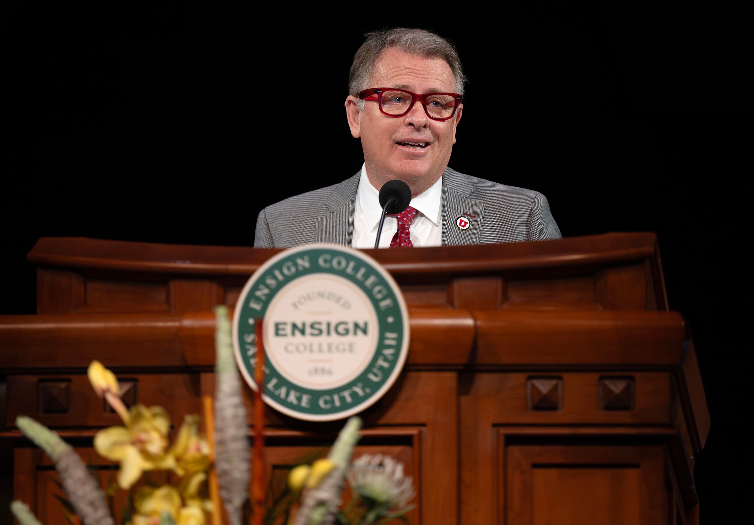 University of Utah President Taylor Randall speaks at the Ensign College weekly devotional at the Conference Center theater in Salt Lake City on Tuesday.