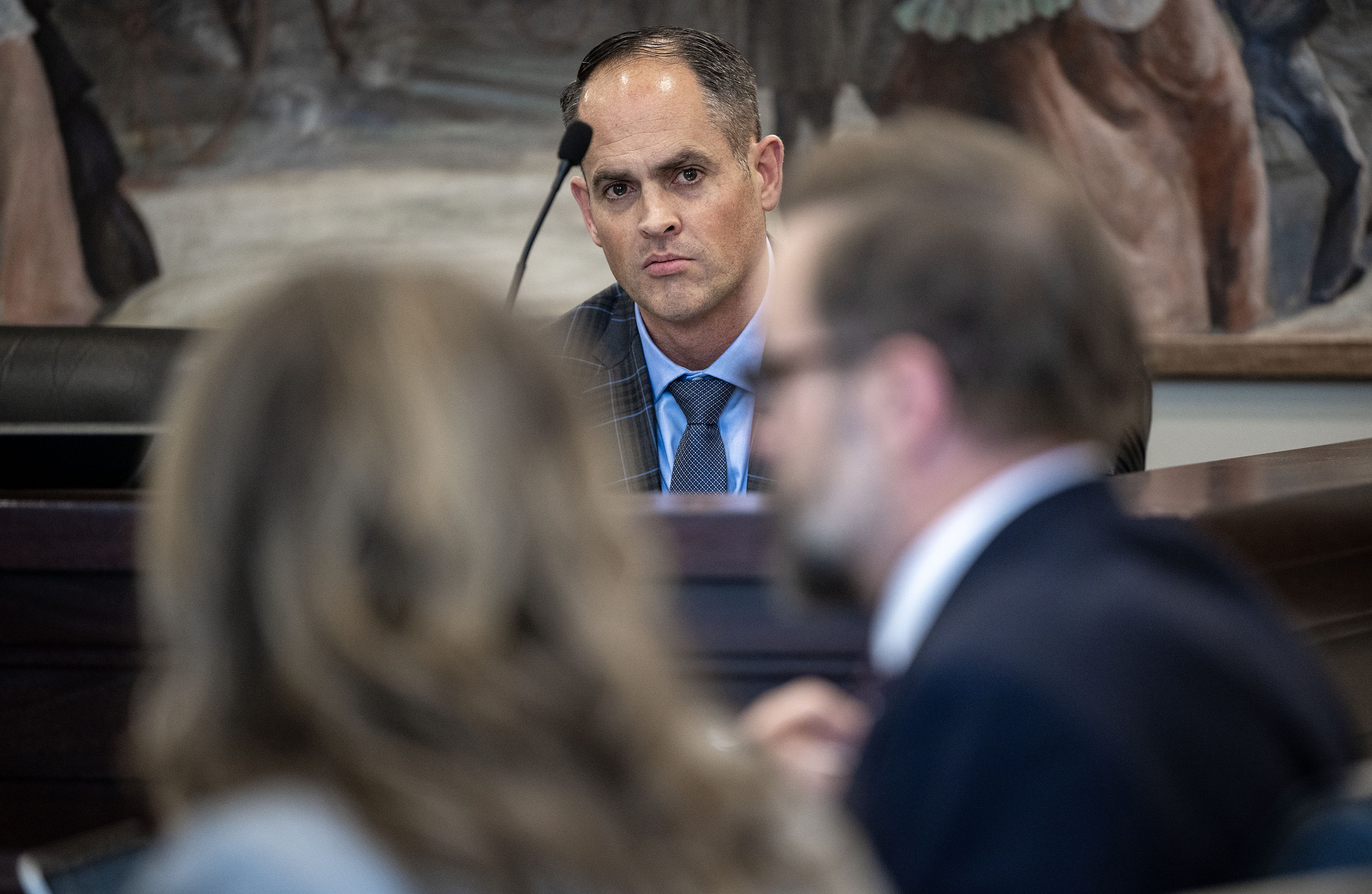 Sen. Mike McKell, R-Spanish Fork, listens as Rachel Terry and Geoff Landward speak regarding a bill to replace Utah's public records committee at the Capitol in Salt Lake City on Tuesday.