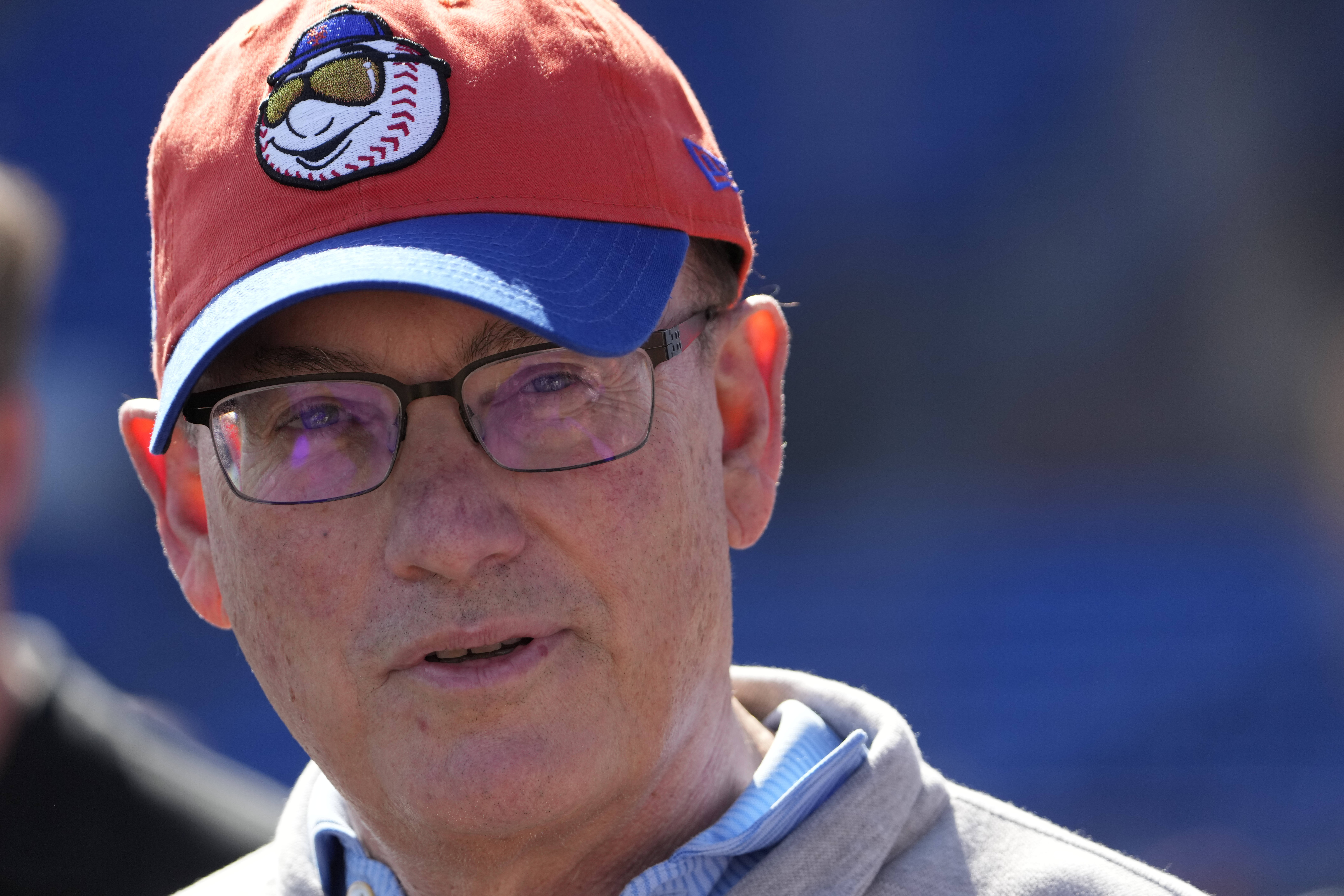 New York Mets owner Steve Cohen talks to the media during a spring training baseball practice Monday, Feb. 17, 2025, in Port St. Lucie, Fla.