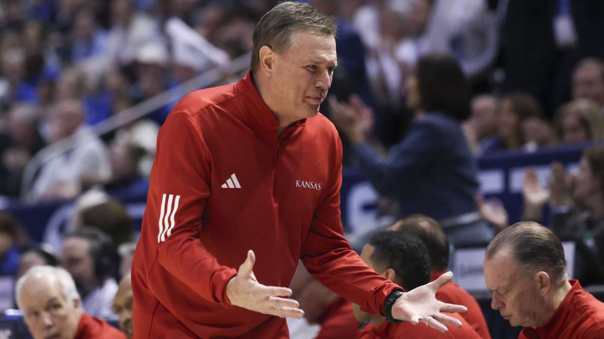 Kansas head coach Bill Self reacts to a play against BYU during the first half of an NCAA college basketball game, Tuesday, Feb. 18, 2025, in Provo, Utah.