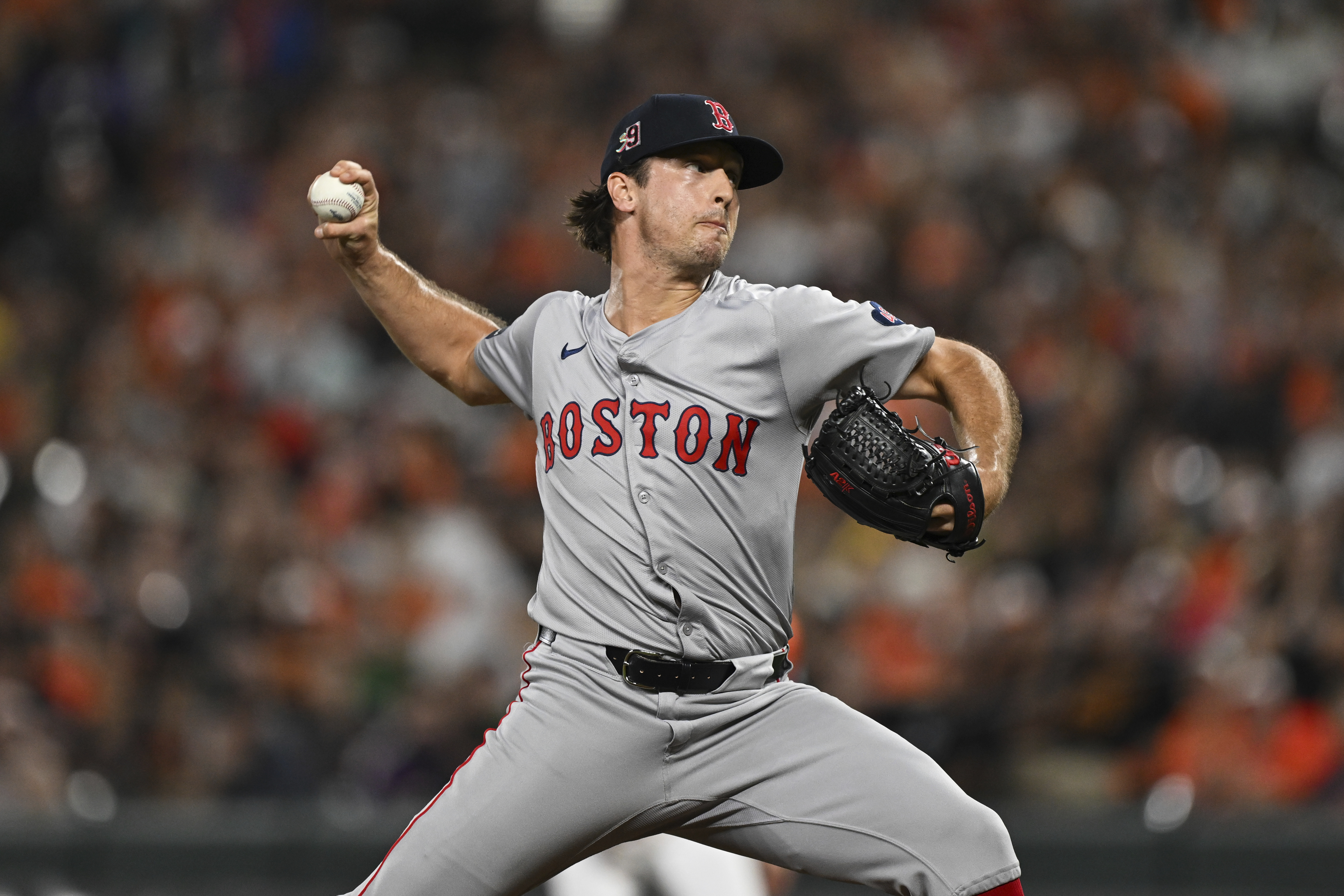 FILE - Boston Red Sox pitcher Lucas Sims throws during the seventh inning of a baseball game against the Baltimore Orioles, Aug. 17, 2024, in Baltimore.