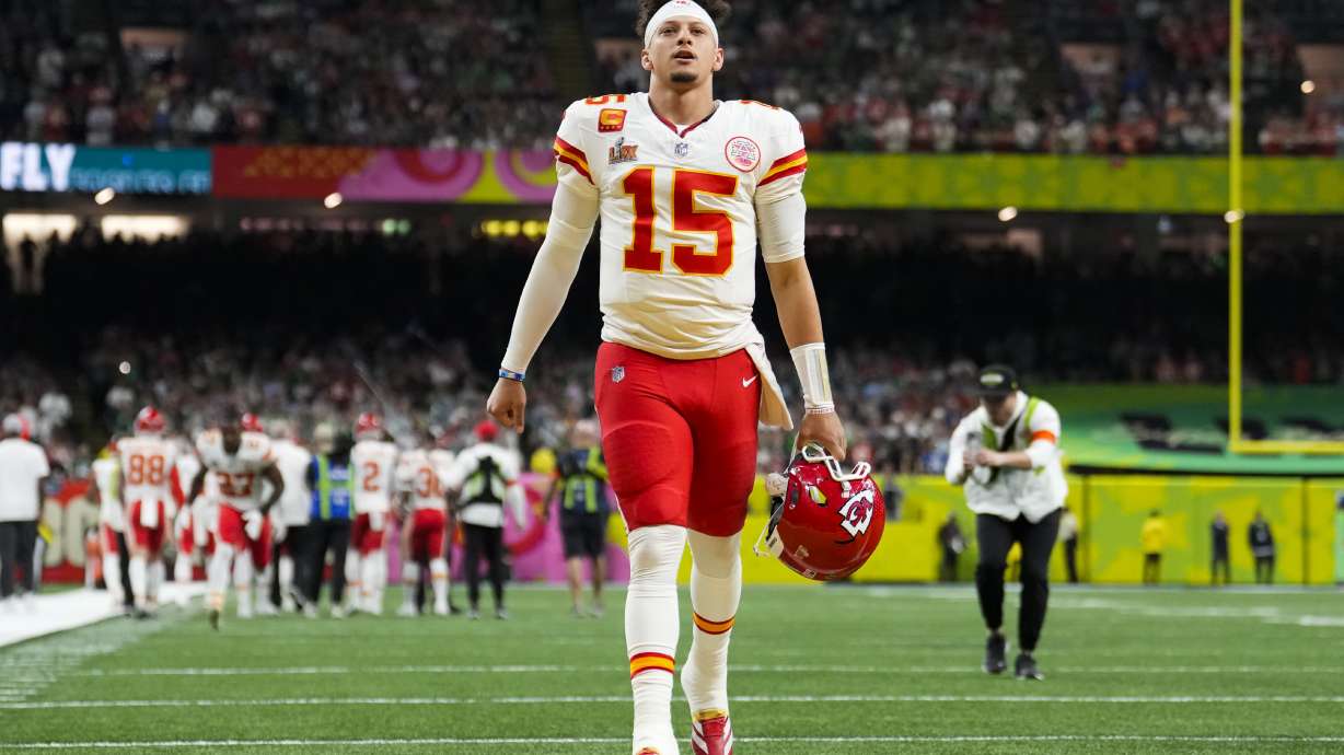 FILE - Kansas City Chiefs quarterback Patrick Mahomes (15) leads his team onto the field prior to the NFL Super Bowl 59 football game against the Philadelphia Eagles Monday, Feb. 10, 2025 in New Orleans.