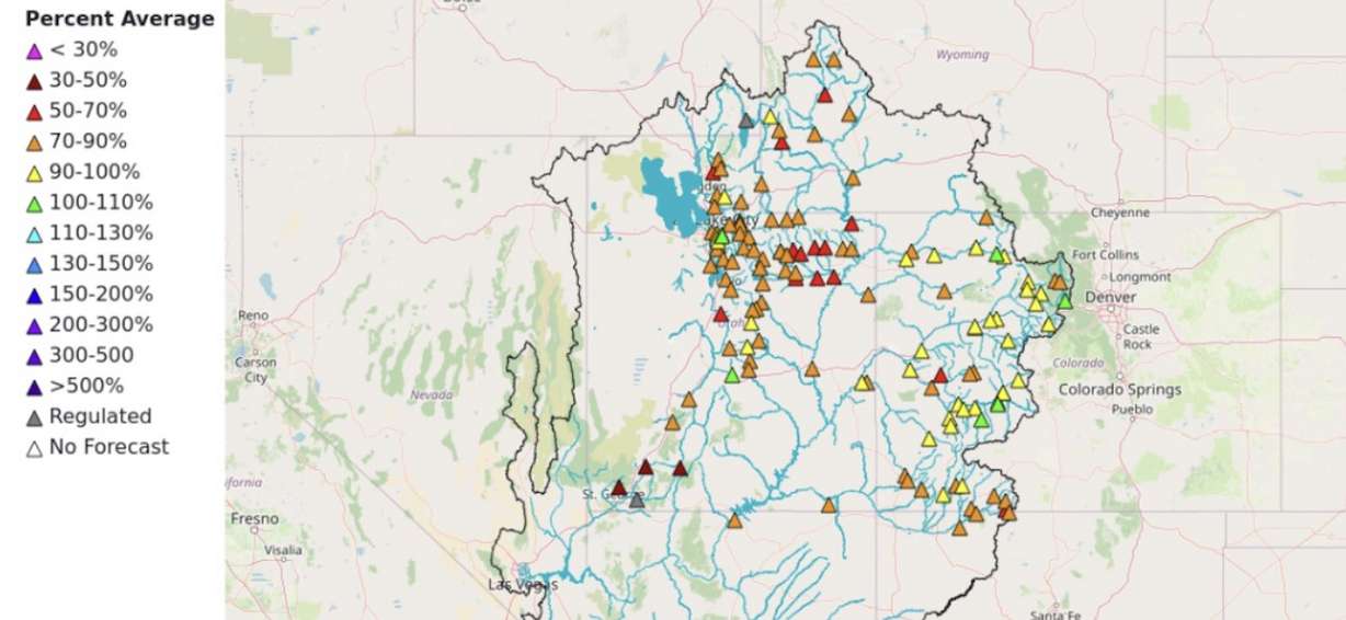 This map shows water supply forecasts across Utah. Below-normal snowmelt runoffs are expected across most of the state this spring.