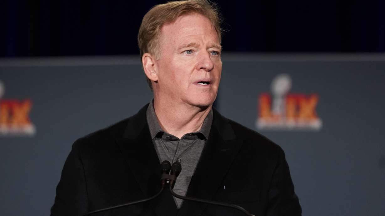 NFL commissioner Roger Goodell speaks during a handoff ceremony news conference the morning after Super Bowl 59 between the Philadelphia Eagles and the Kansas City Chiefs, Monday, Feb. 10, 2025, in New Orleans.
