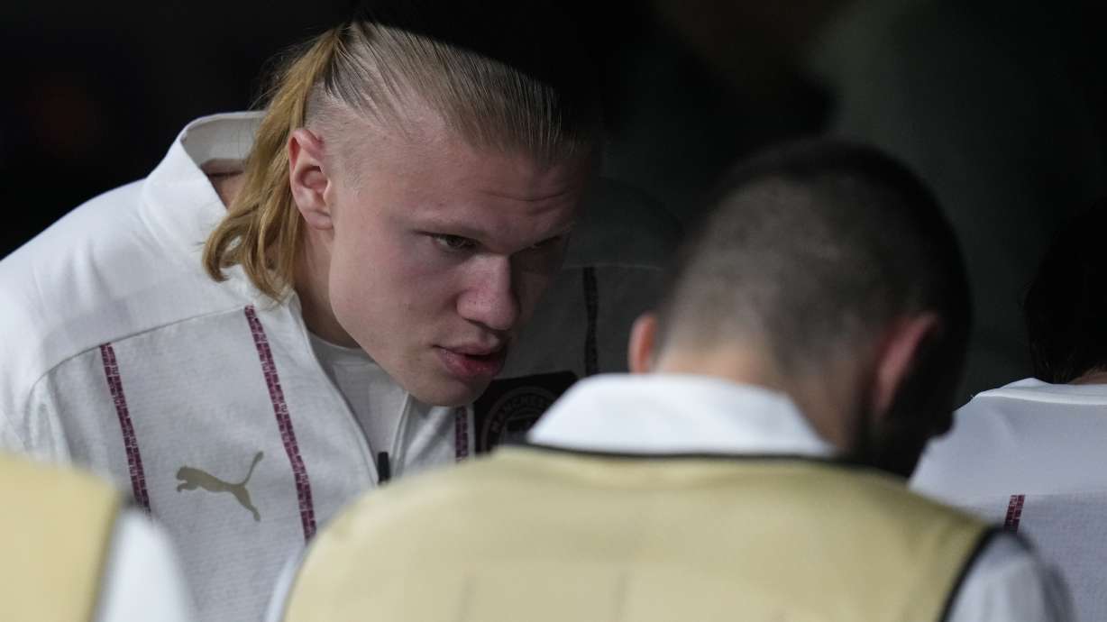Manchester City's Erling Haaland prior the start of the Champions League playoff second leg soccer match between Real Madrid and Manchester City at the Santiago Bernabeu Stadium in Madrid, Spain, Wednesday, Feb. 19, 2025.