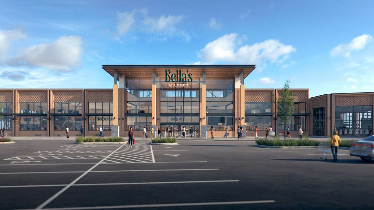 A rendering of Bella's Market, the first grocery store to be built in Vineyard and the first amenity for Utah City.