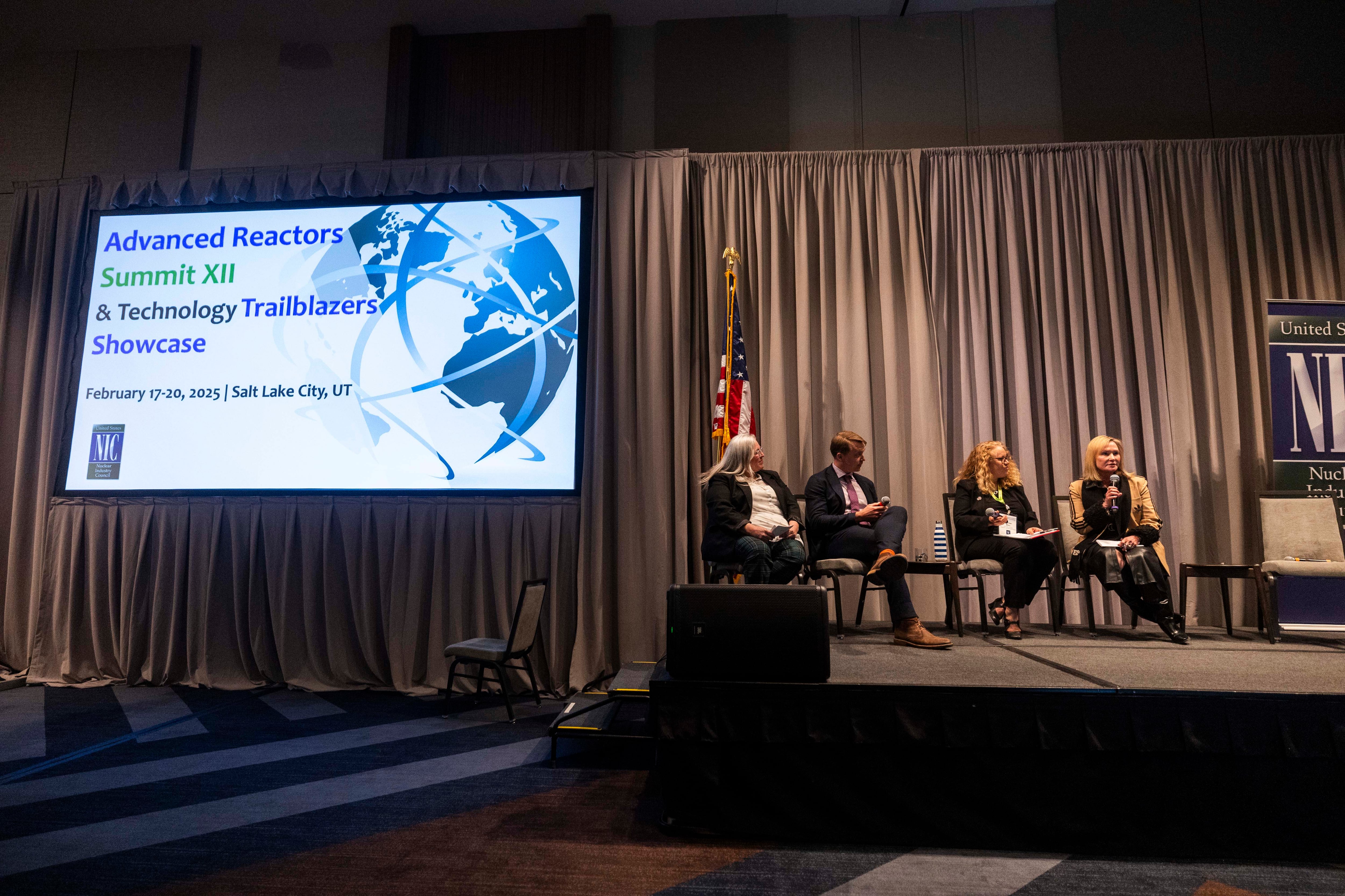 From left to right, Emy Lesofski, Mason Baker, Marian Rice, and Laura Nelson all participate in a panel during The Advanced Reactors Summit XII and Technology Trailblazers Showcase held by the U.S. Nuclear Industry Council at the Hyatt Regency Salt Lake City on Wednesday.