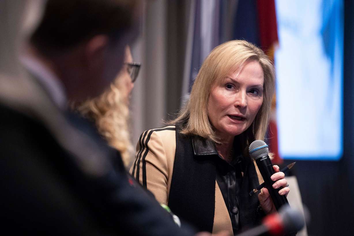 Laura Nelson, regional engagement lead for Utah for the Idaho National Laboratory, speaks on a panel during The Advanced Reactors Summit XII and Technology Trailblazers Showcase held by the U.S. Nuclear Industry Council at the Hyatt Regency Salt Lake City on Wednesday.