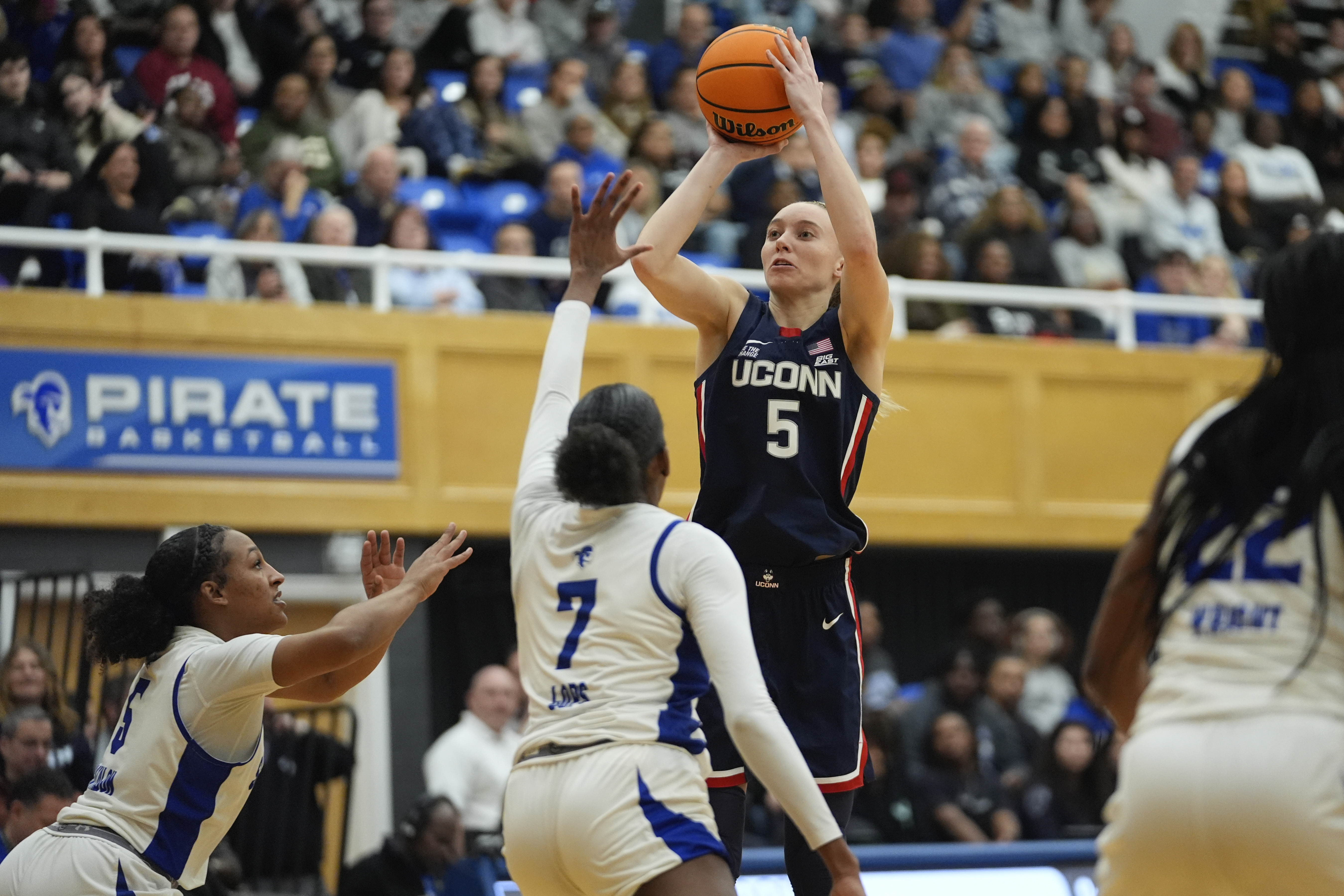 UConn's Paige Bueckers (5) shoots over Seton Hall's I'yanna Lops (7) during the second half of an NCAA women's college basketball game Wednesday, Feb. 19, 2025, in South Orange, N.J. 