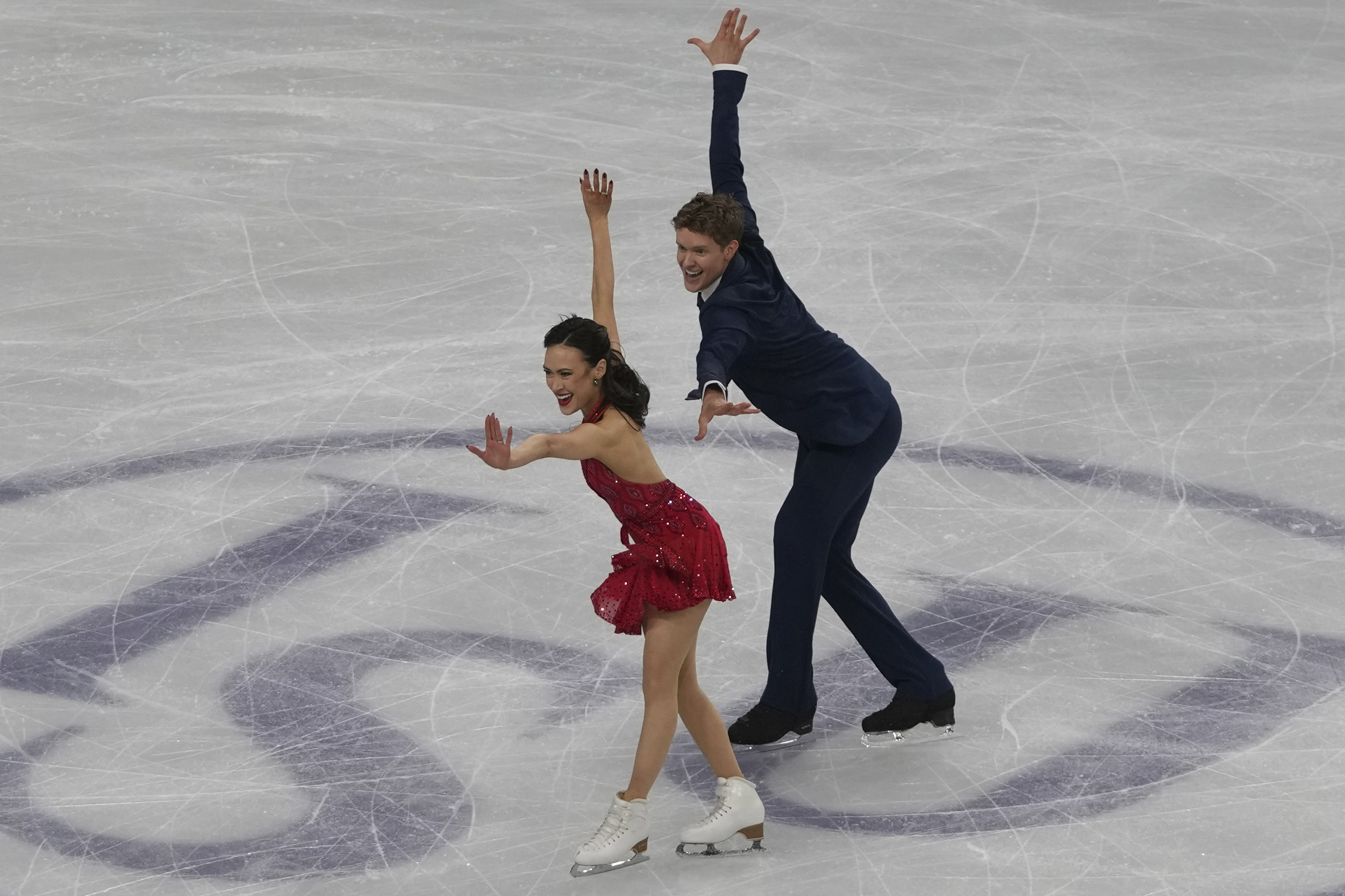Madison Chock and Evan Bates of the United States perform during the ice dance rhythm dance program in the ISU Four Continents Figure Skating Championships at the Mokdong ice rink in Seoul, South Korea, Thursday, Feb. 20, 2025. 