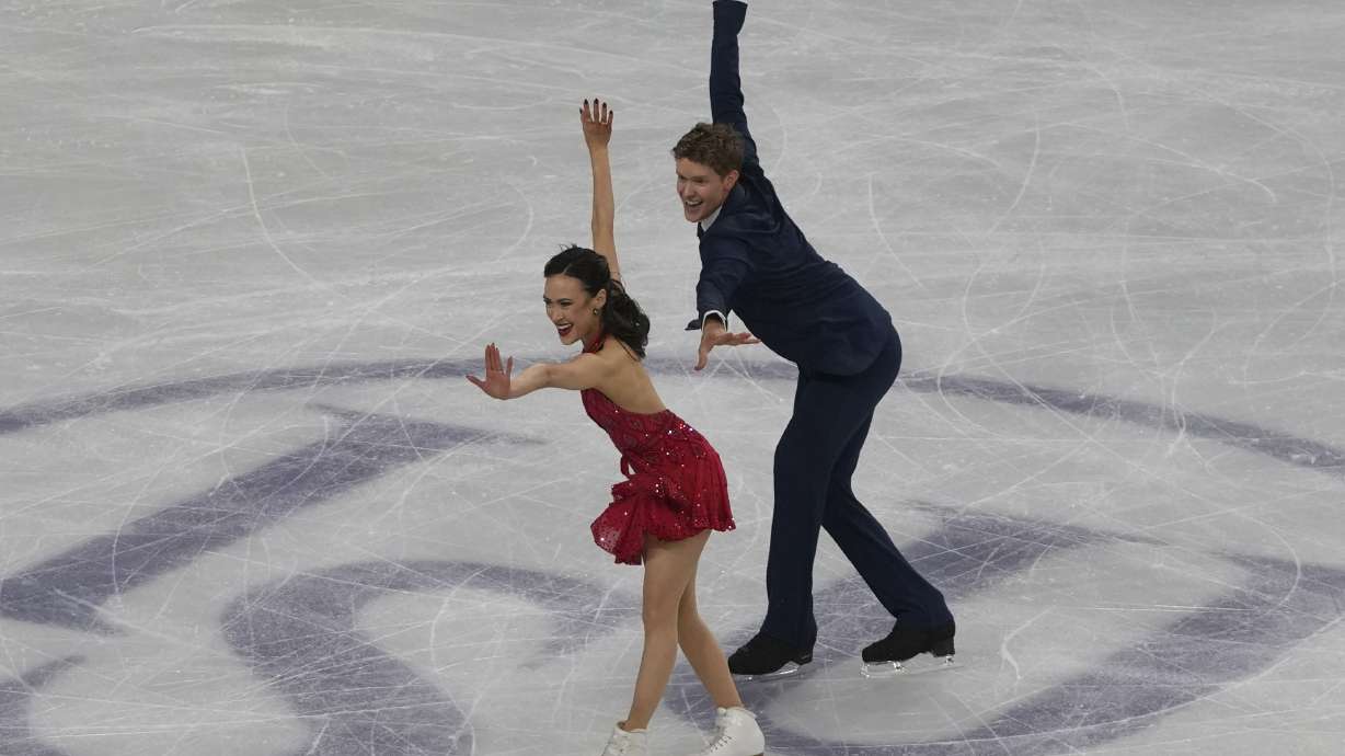 Madison Chock and Evan Bates of the United States perform during the ice dance rhythm dance program in the ISU Four Continents Figure Skating Championships at the Mokdong ice rink in Seoul, South Korea, Thursday, Feb. 20, 2025.