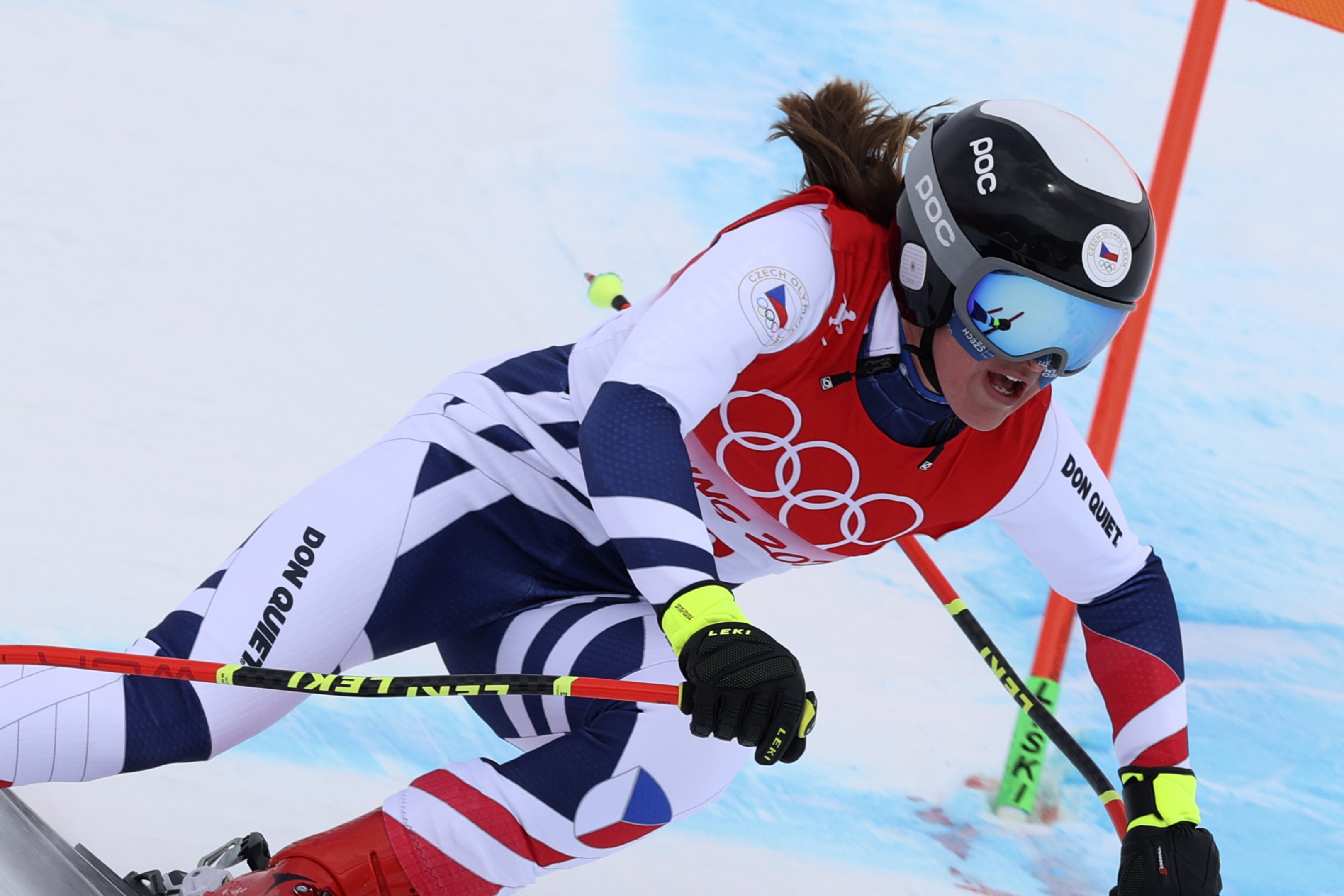 FILE -Tereza Nova of Czech Republic makes a turn during the women's downhill at the 2022 Winter Olympics, Tuesday, Feb. 15, 2022, in the Yanqing district of Beijing. 