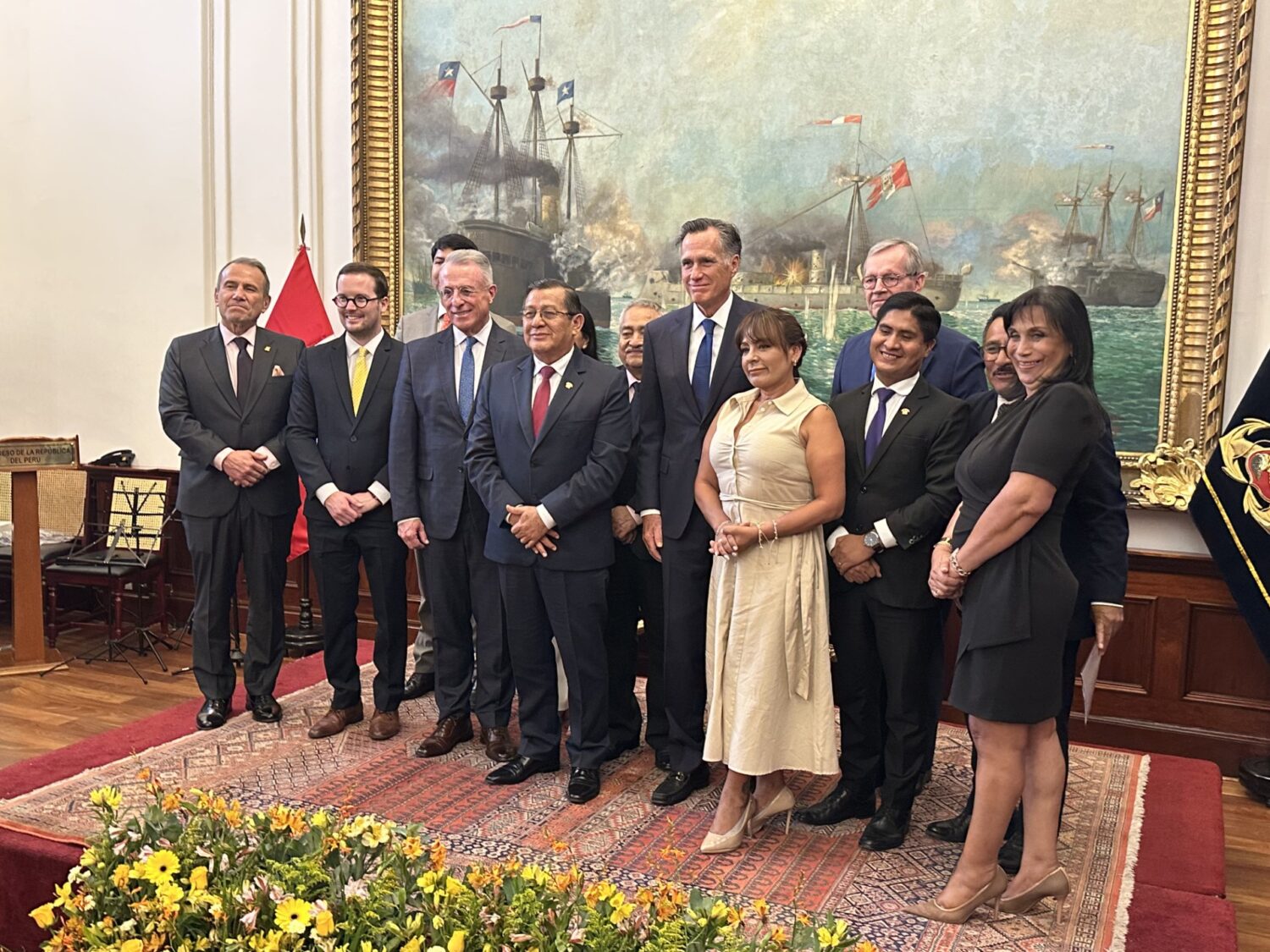 Former U.S. Senator Mitt Romney, church Apostle Elder Ulisses Soares, and The Tabernacle Choir presidency with Eduardo Salhuana, the president of the Congress of Peru, on
Wednesday.